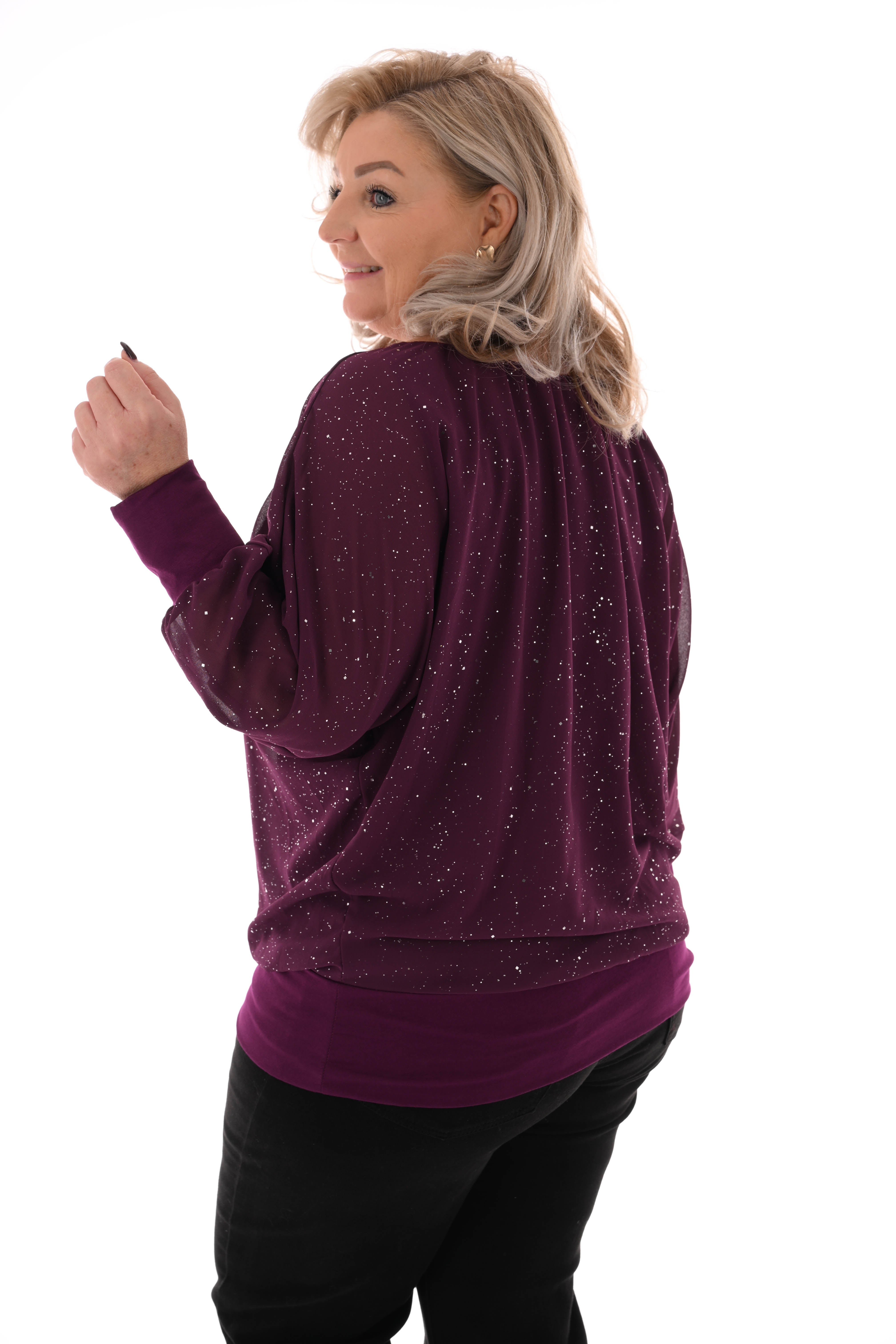 Ballon top lange mouwen glitter aubergine