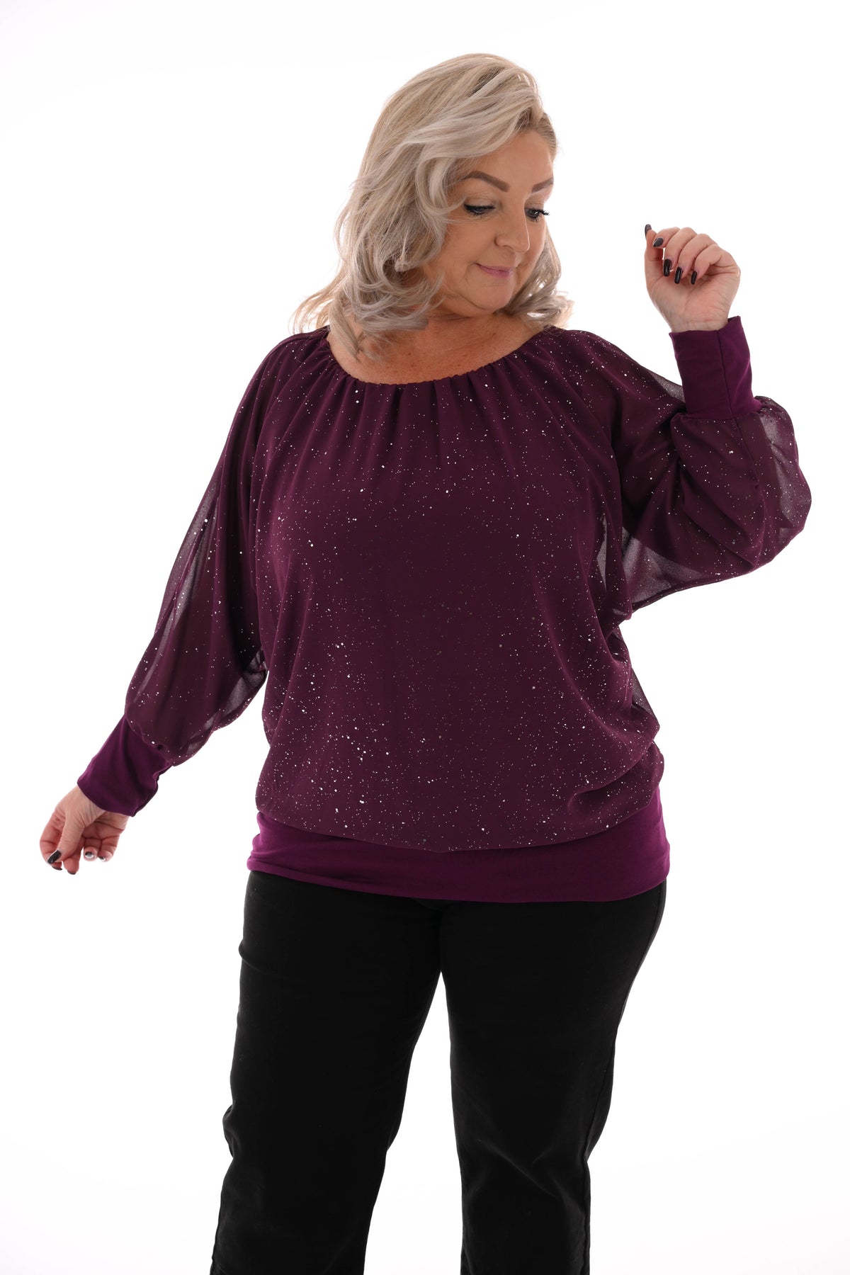 Ballon top lange mouwen glitter aubergine