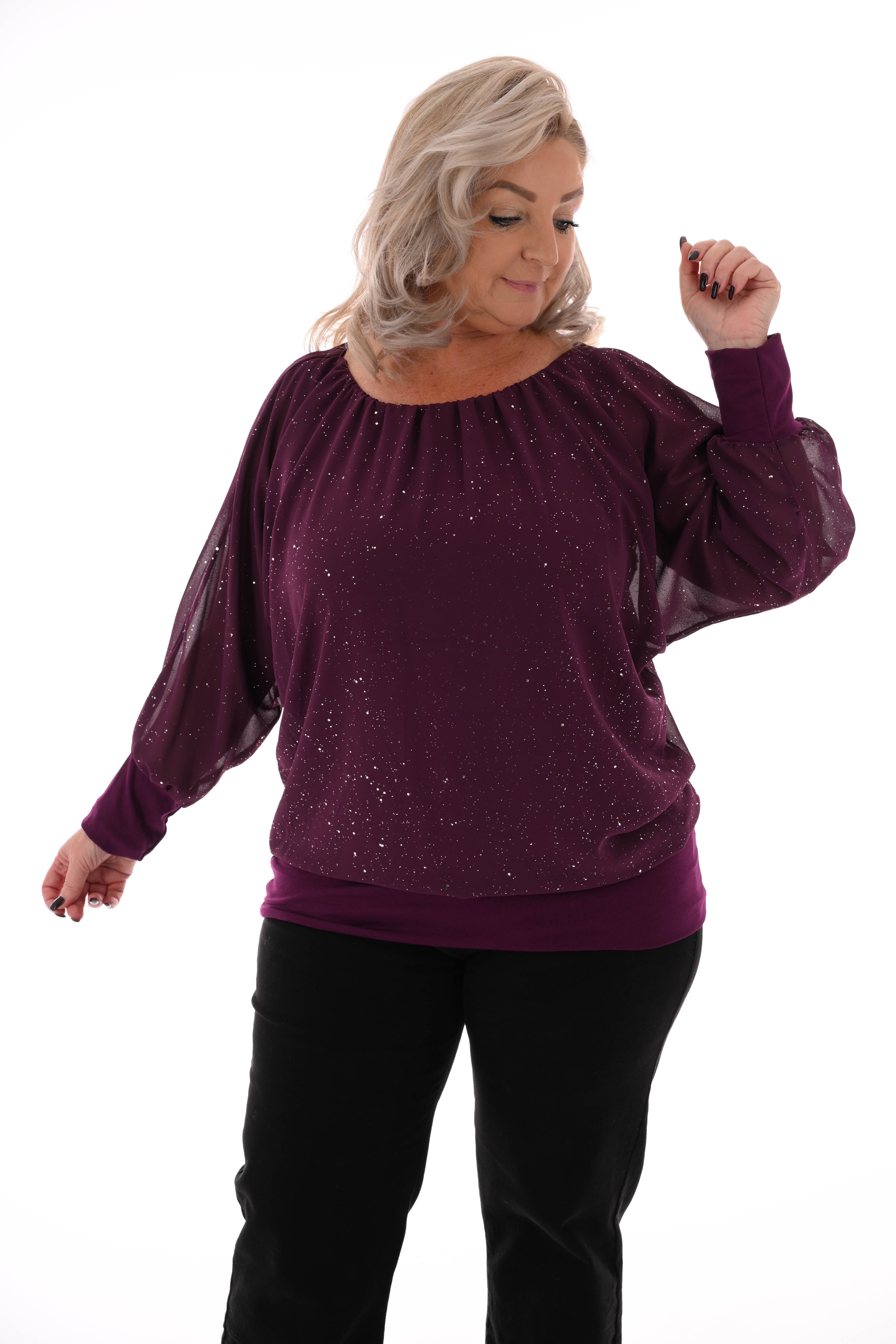 Ballon top lange mouwen glitter aubergine