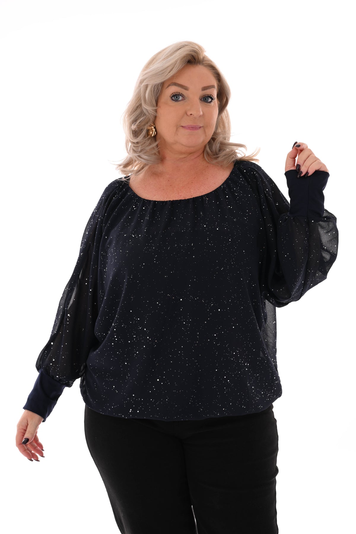 Ballon top lange mouwen glitter marineblauw