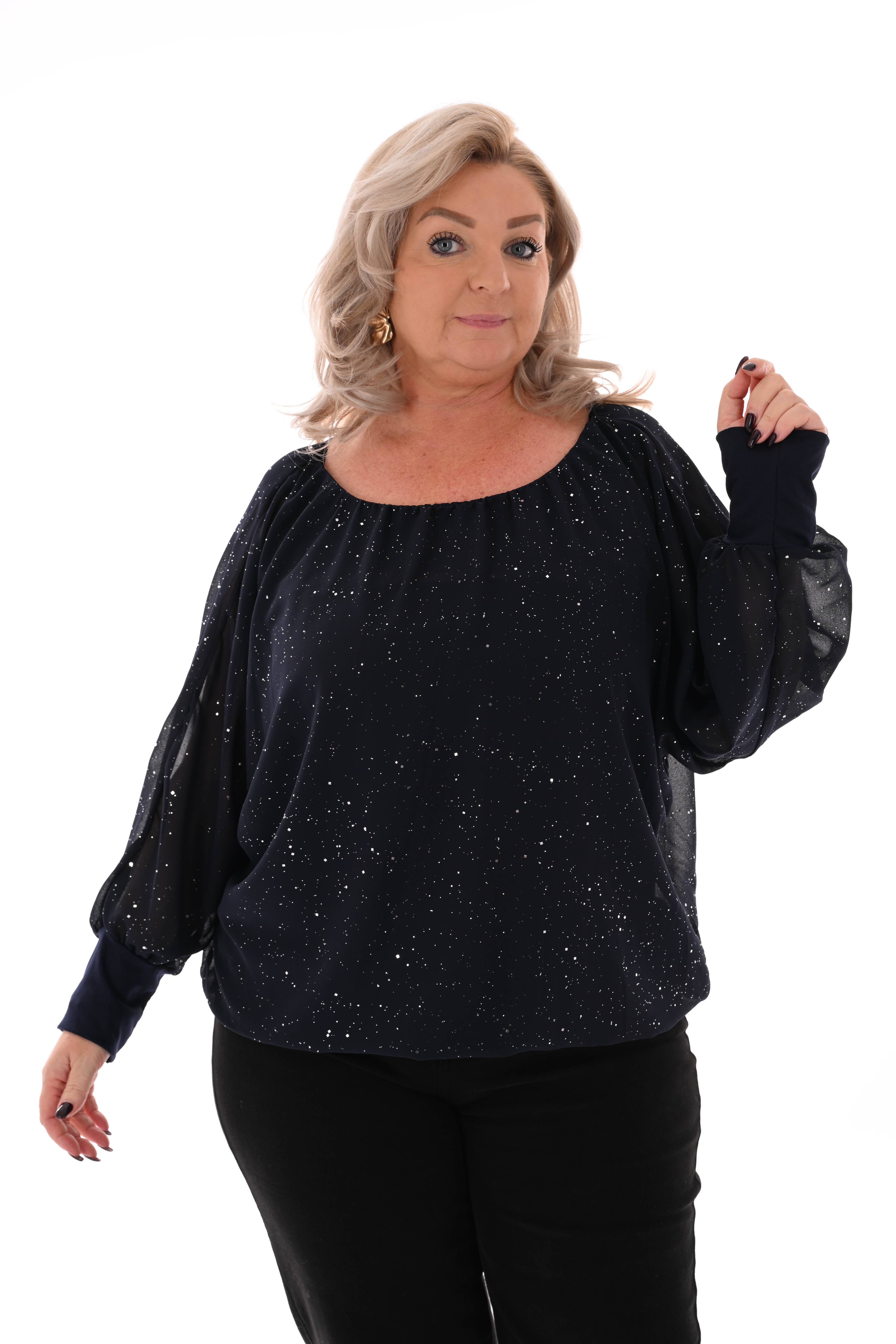 Ballon top lange mouwen glitter marineblauw