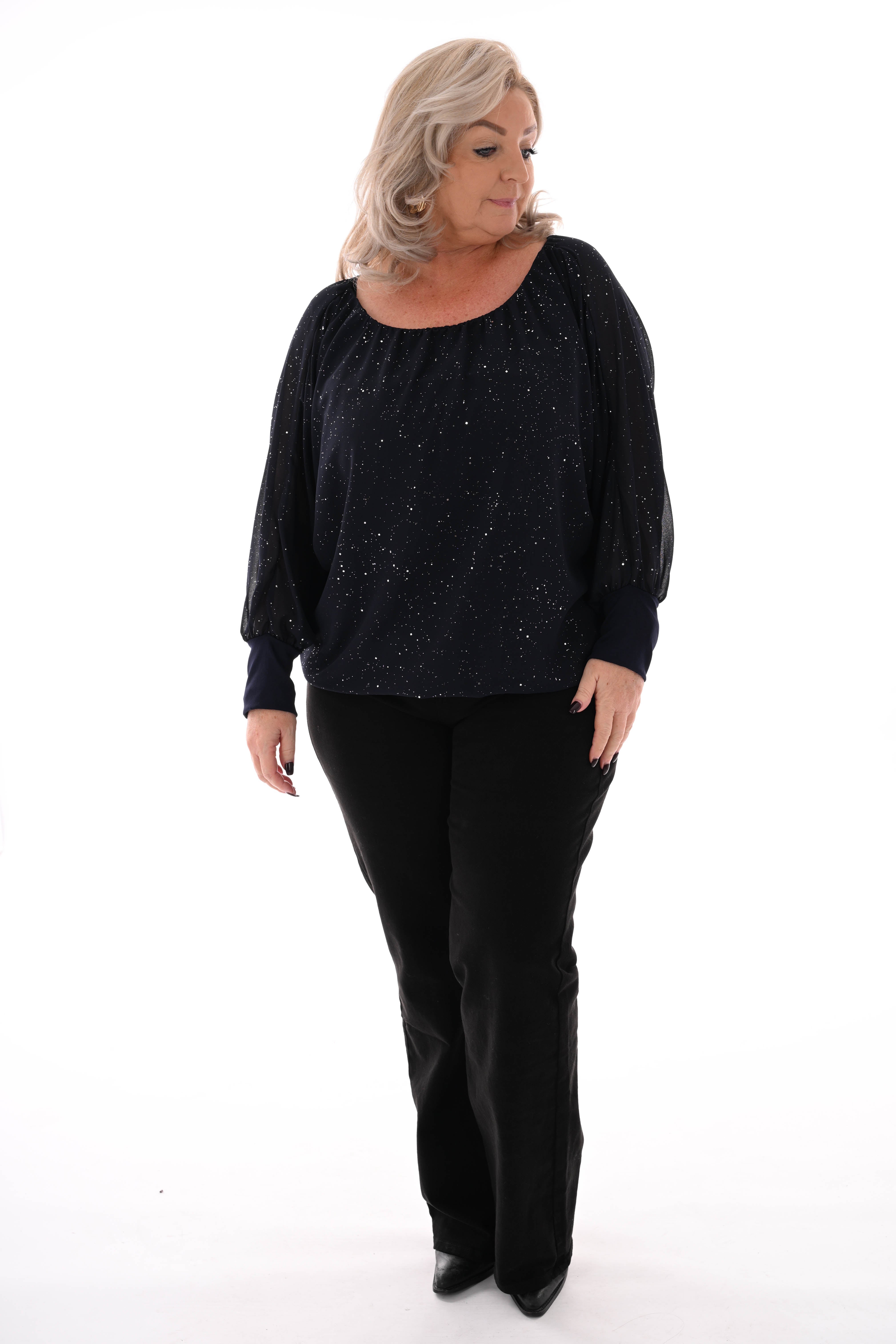 Ballon top lange mouwen glitter marineblauw