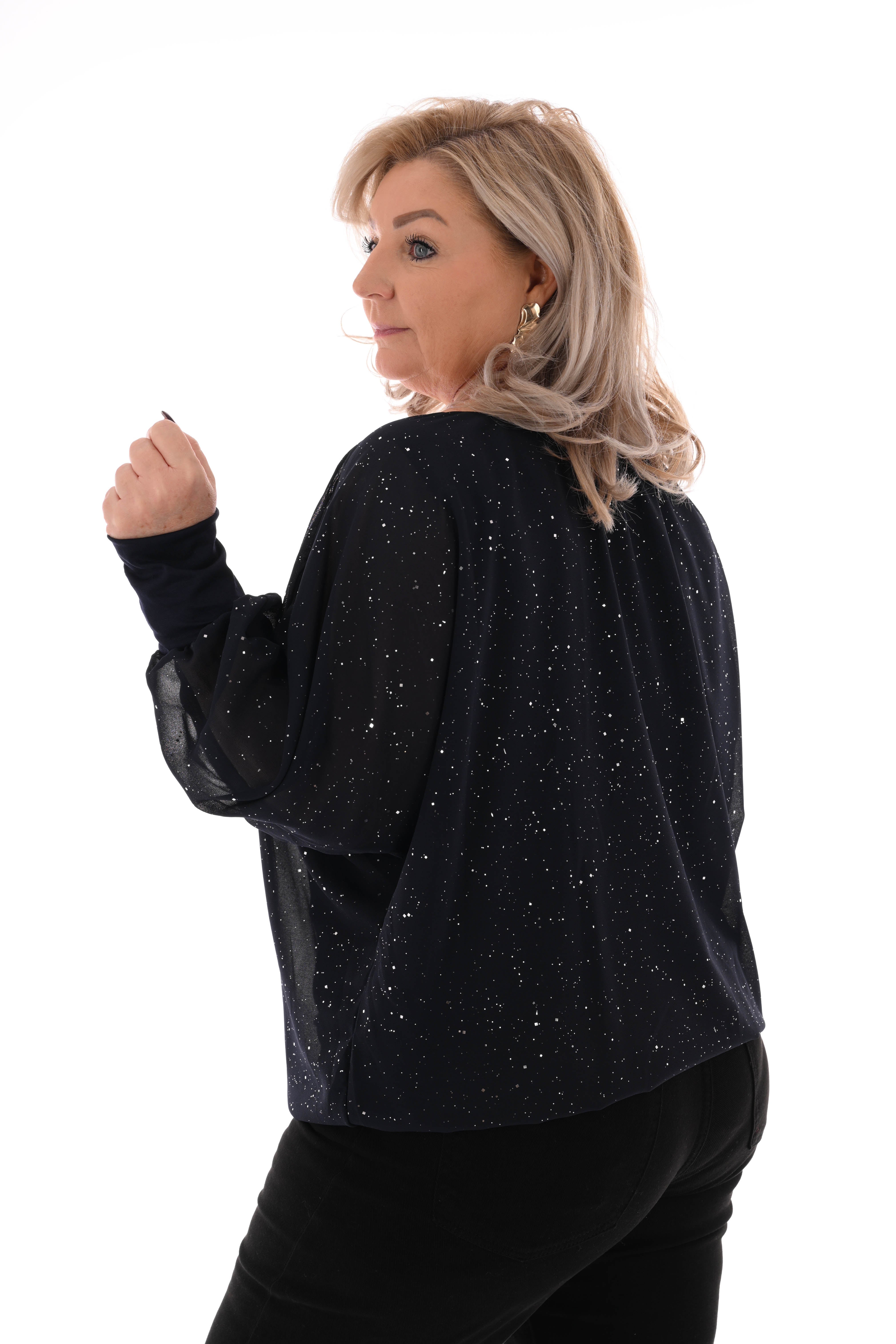 Ballon top lange mouwen glitter marineblauw