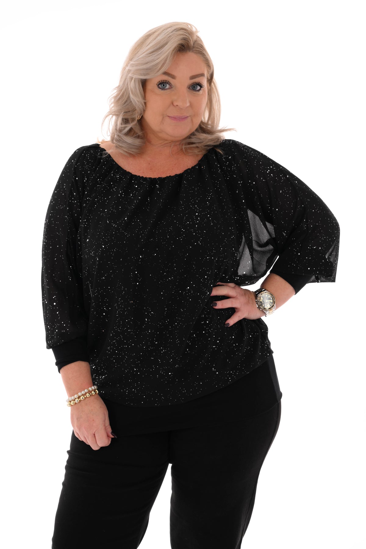 Ballon top lange mouwen glitter zwart