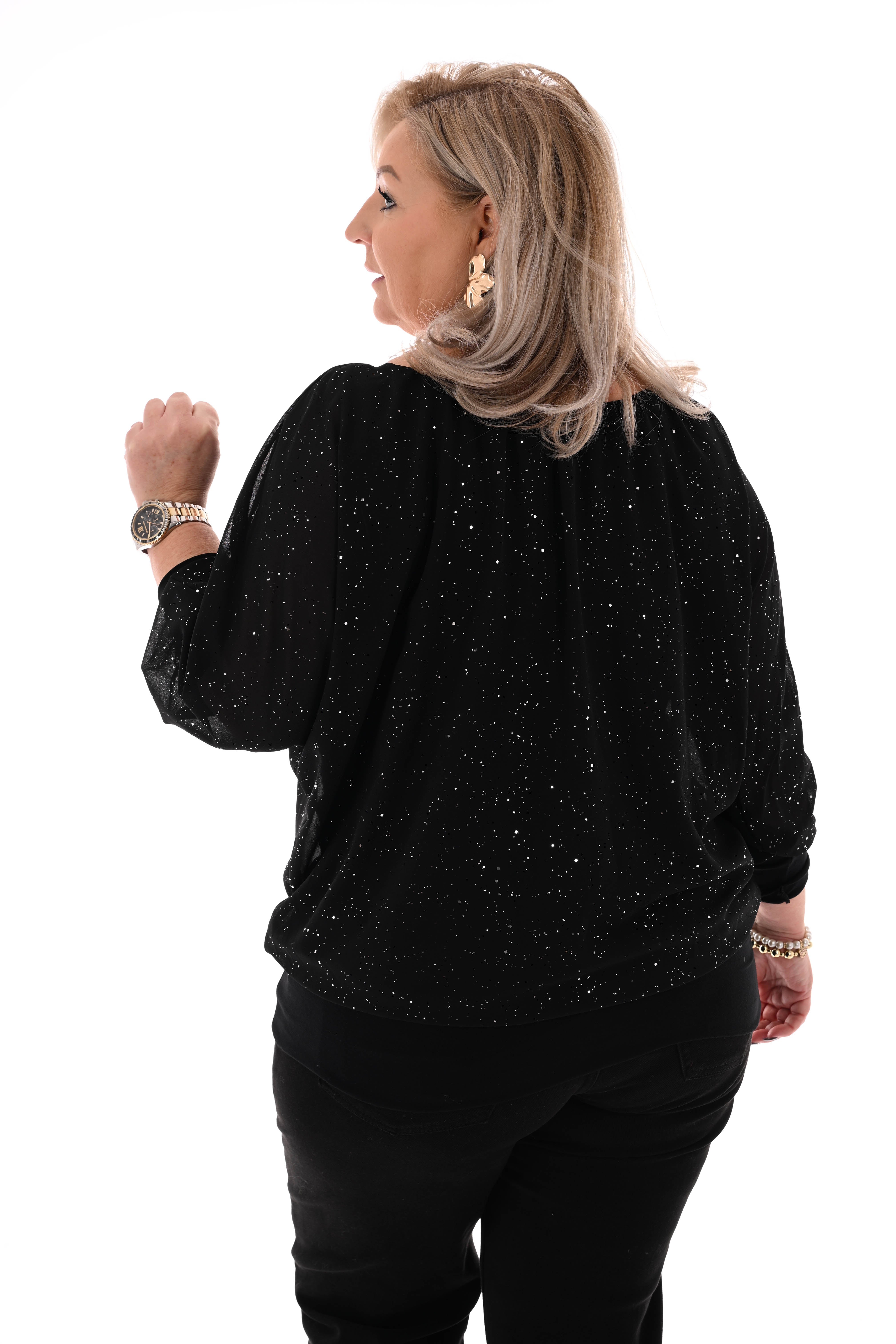 Ballon top lange mouwen glitter zwart