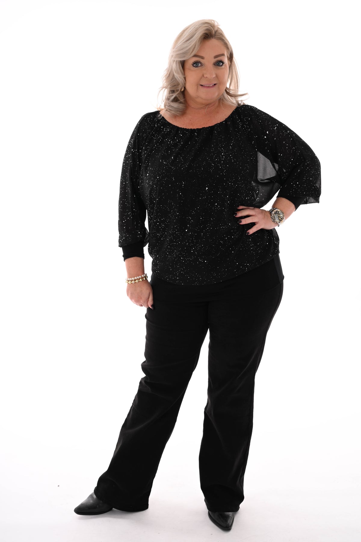 Ballon top lange mouwen glitter zwart