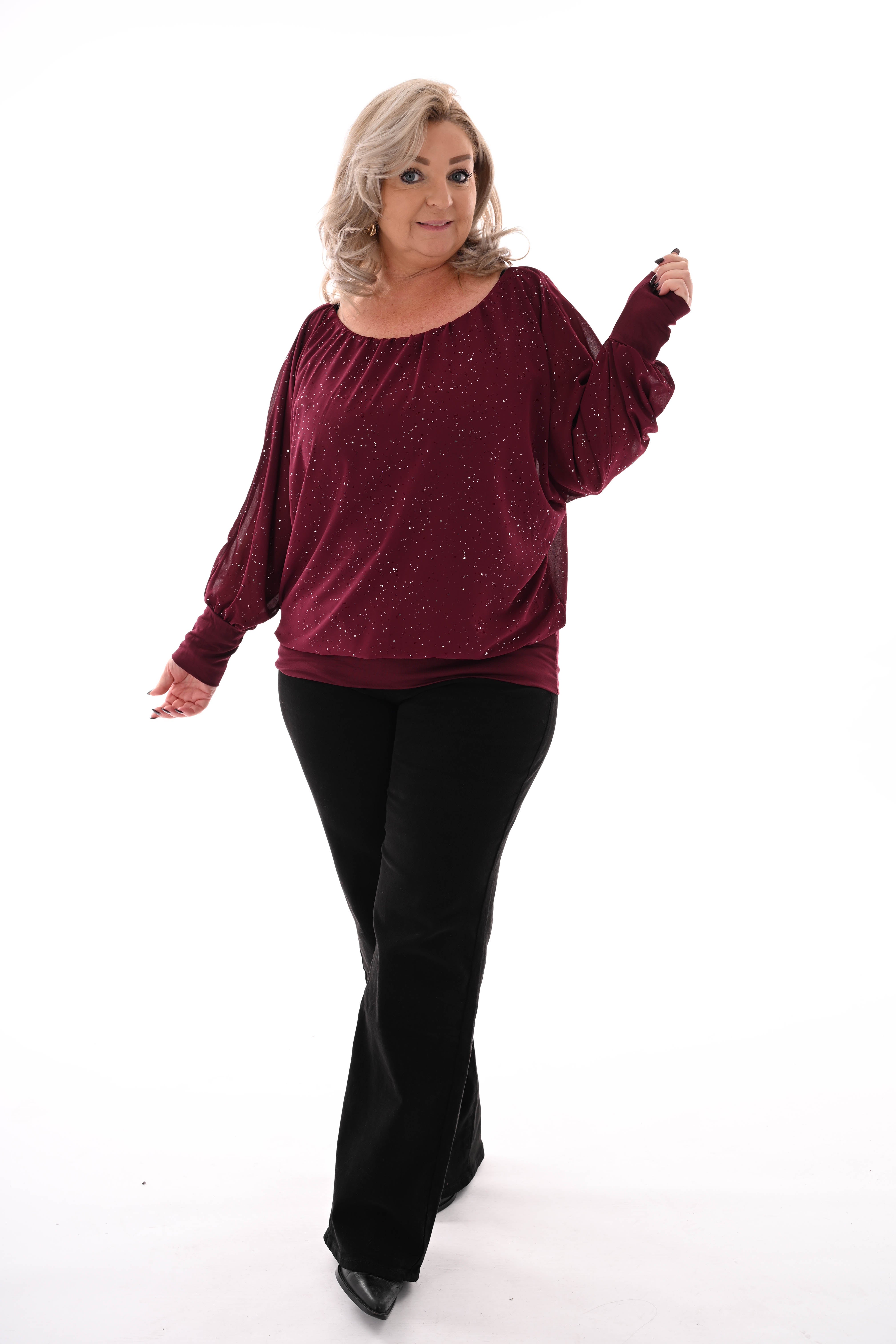 Blouse v-hals trompetmouwen bordeaux