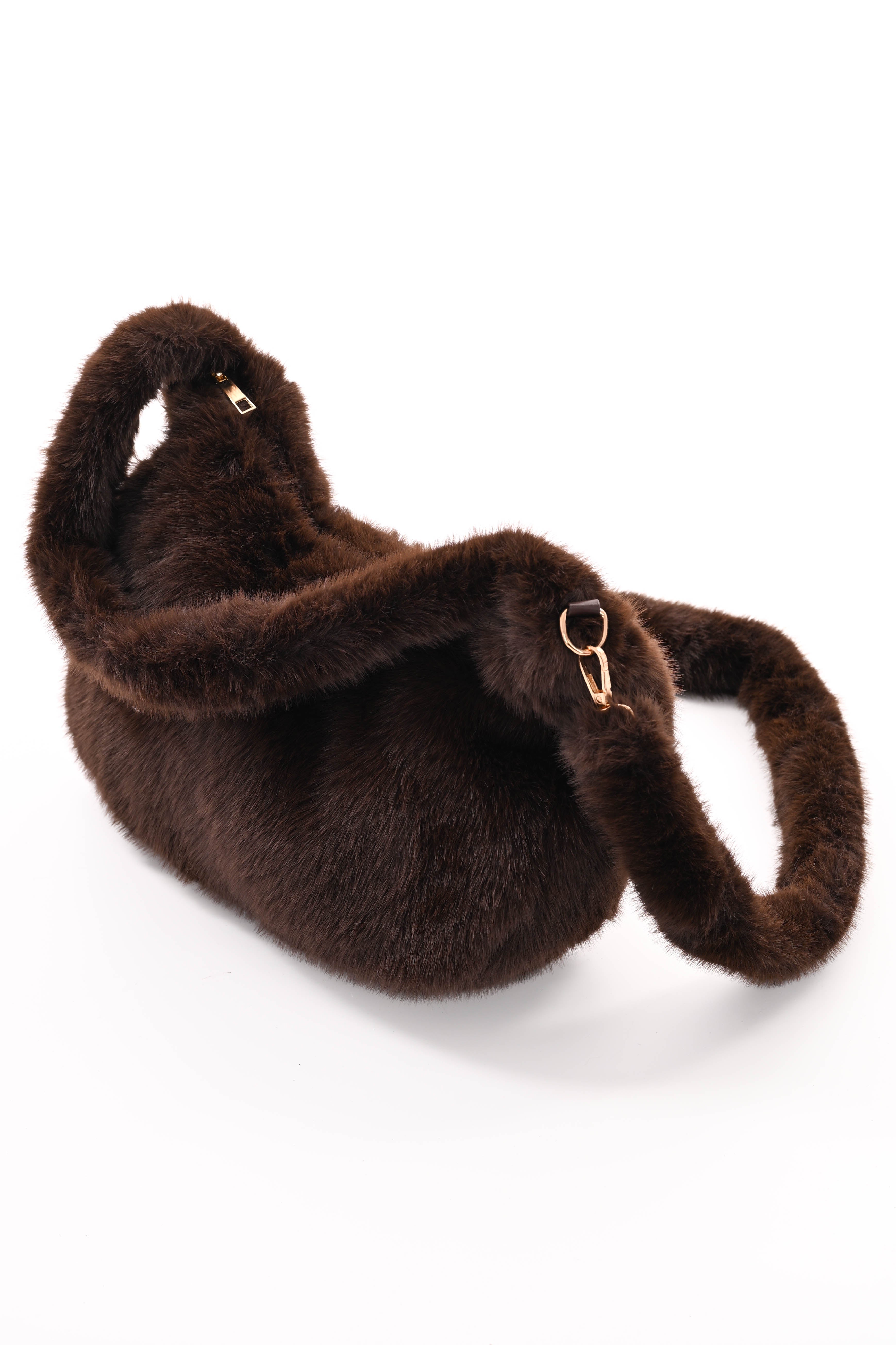 Faux fur crossbody tas donkerbruin