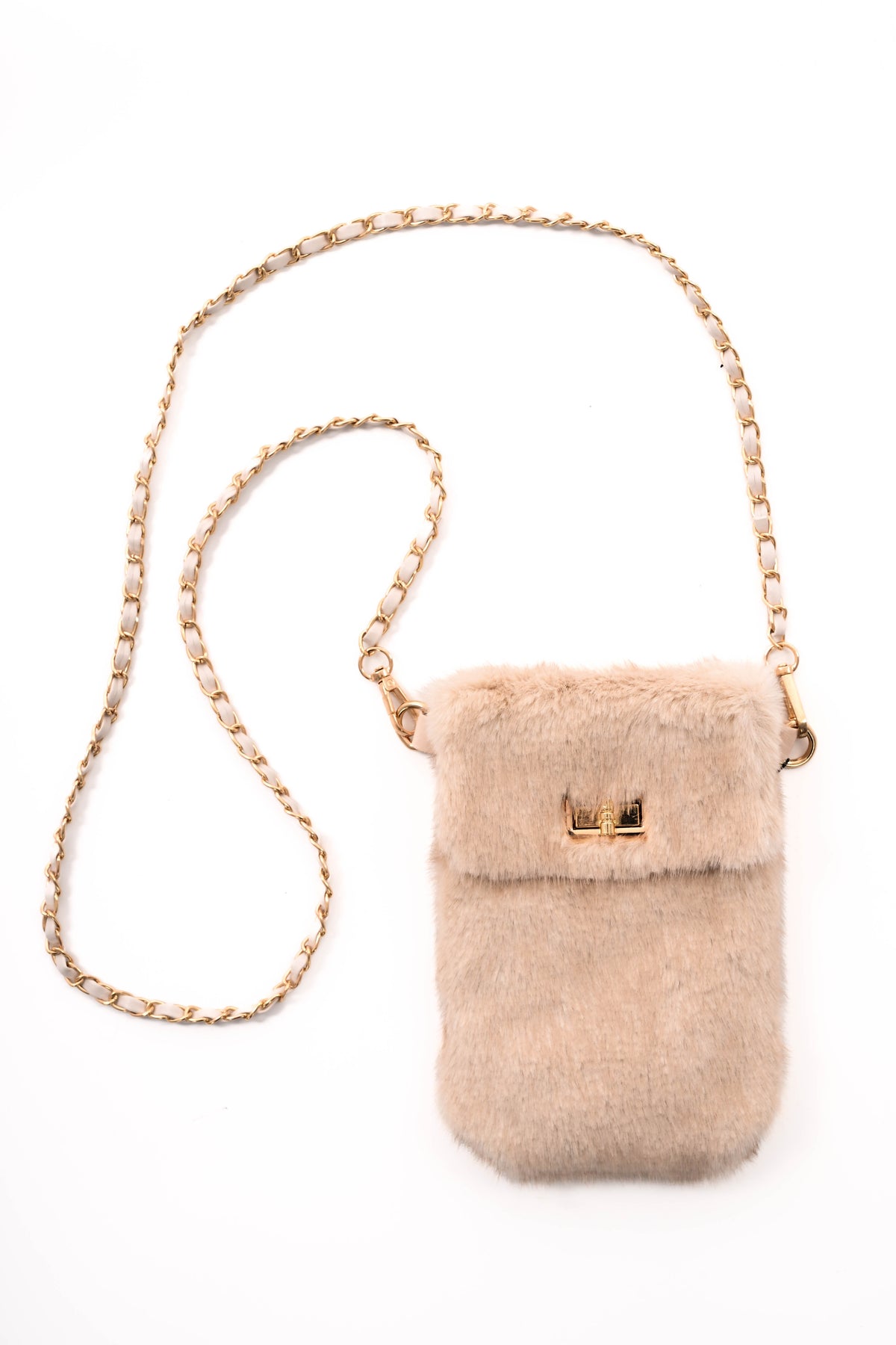 Crossbody faux fur telefoon tasje beige