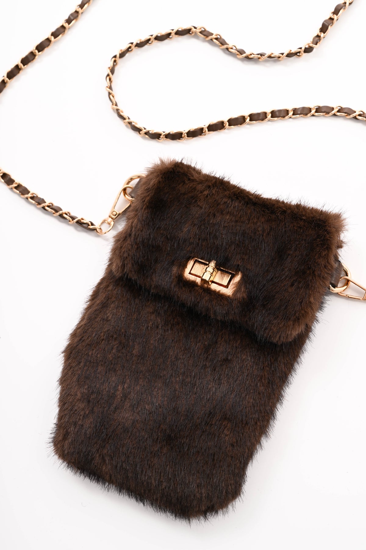 Crossbody faux fur telefoon tasje bruin