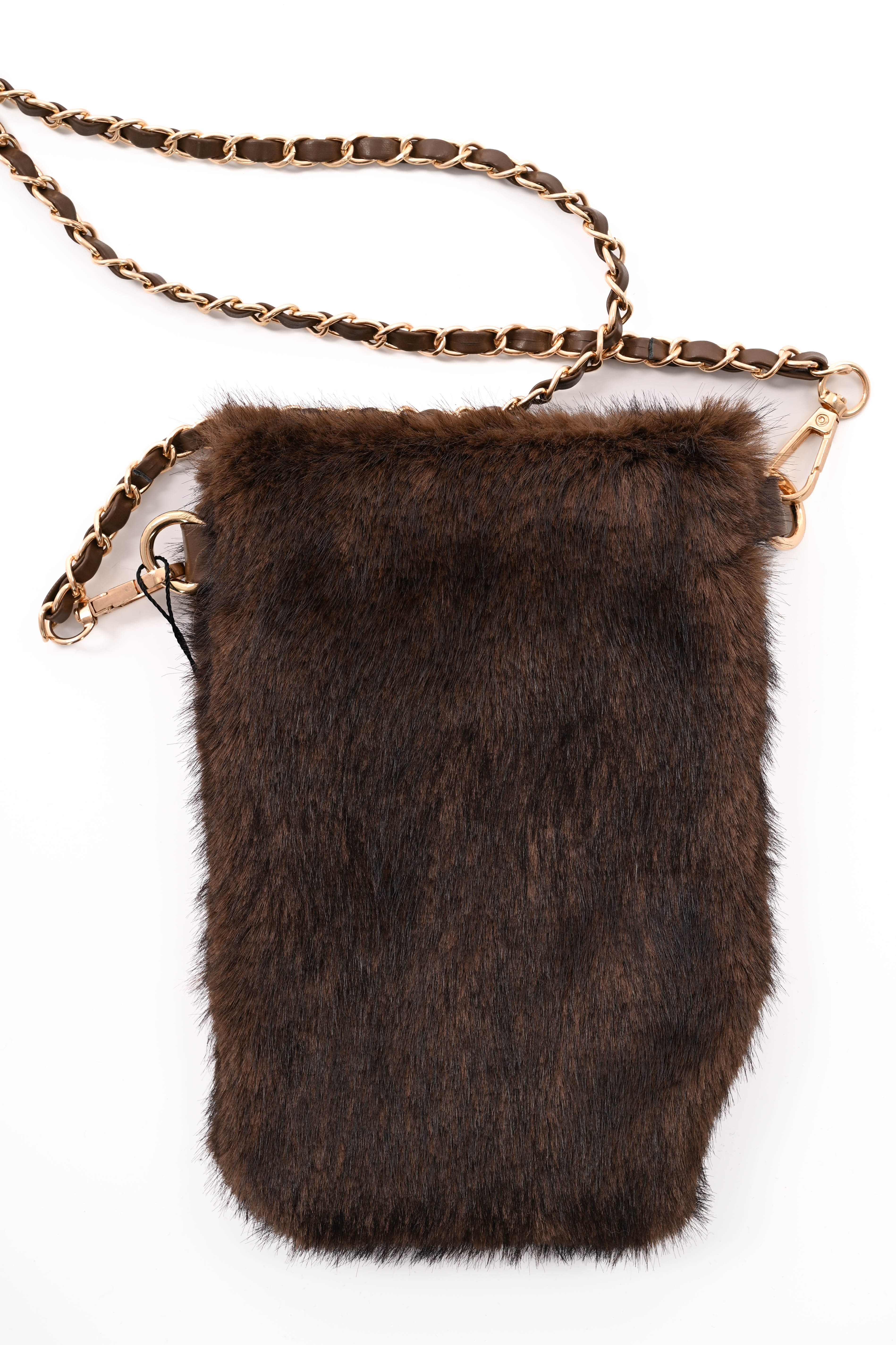Crossbody faux fur telefoon tasje bruin