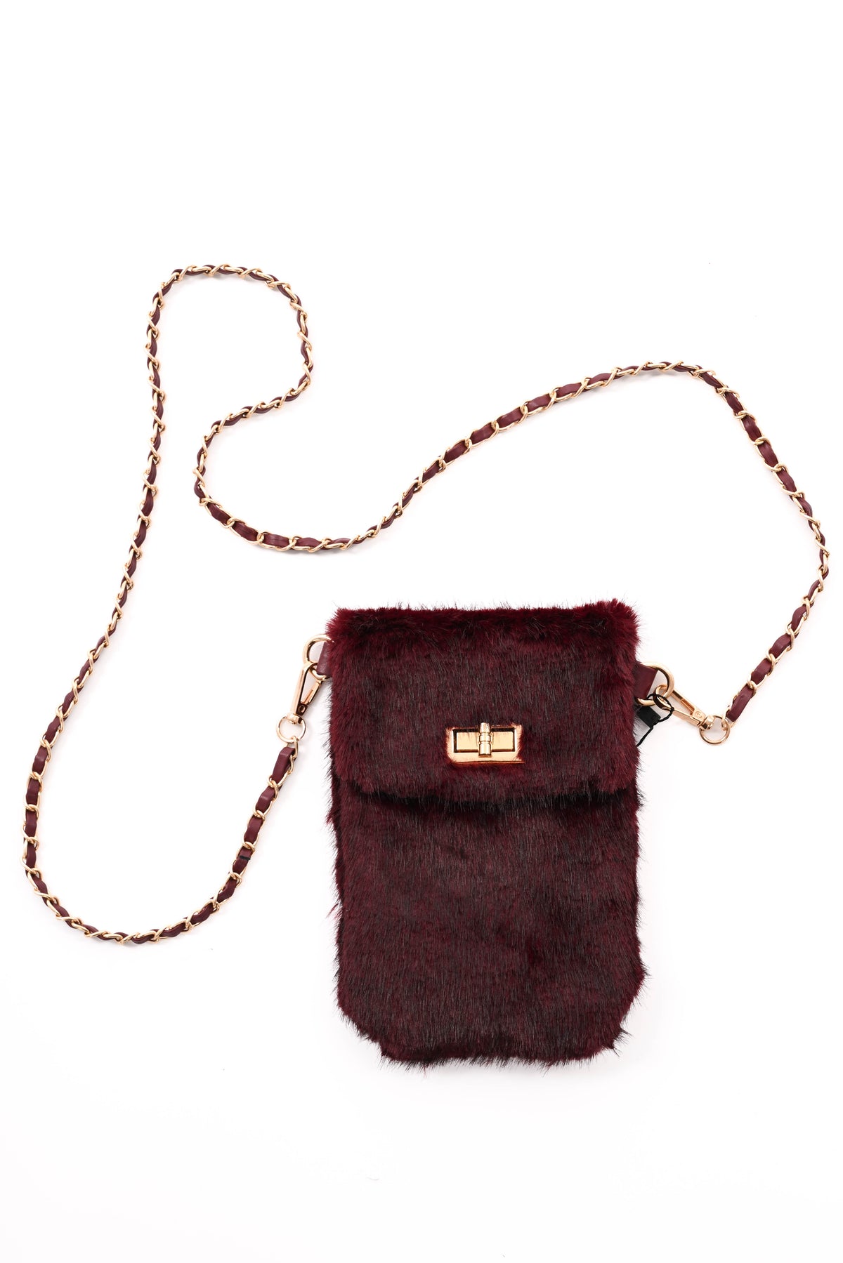 Crossbody faux fur telefoon tasje bruin