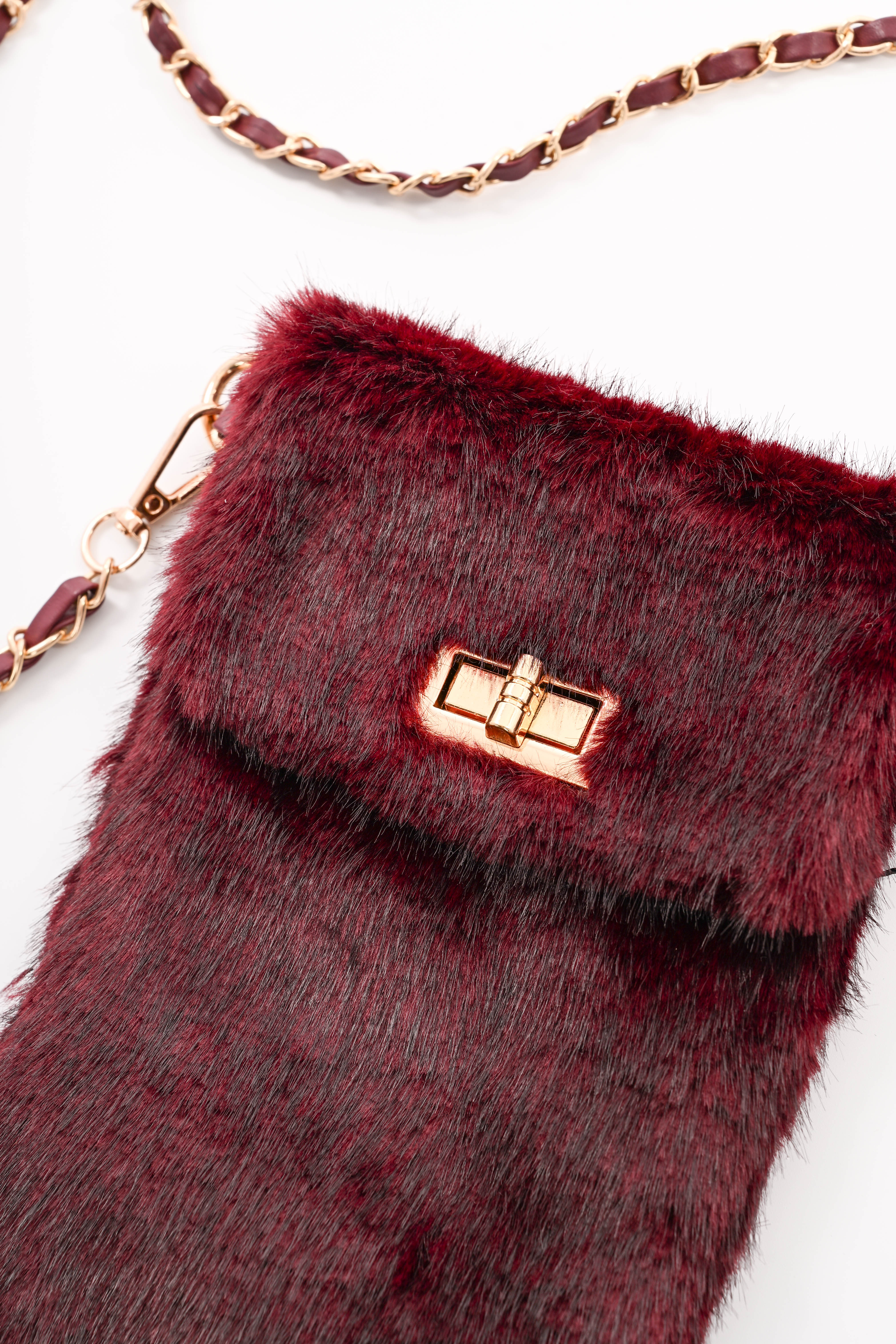 Crossbody faux fur telefoon tasje bordeaux