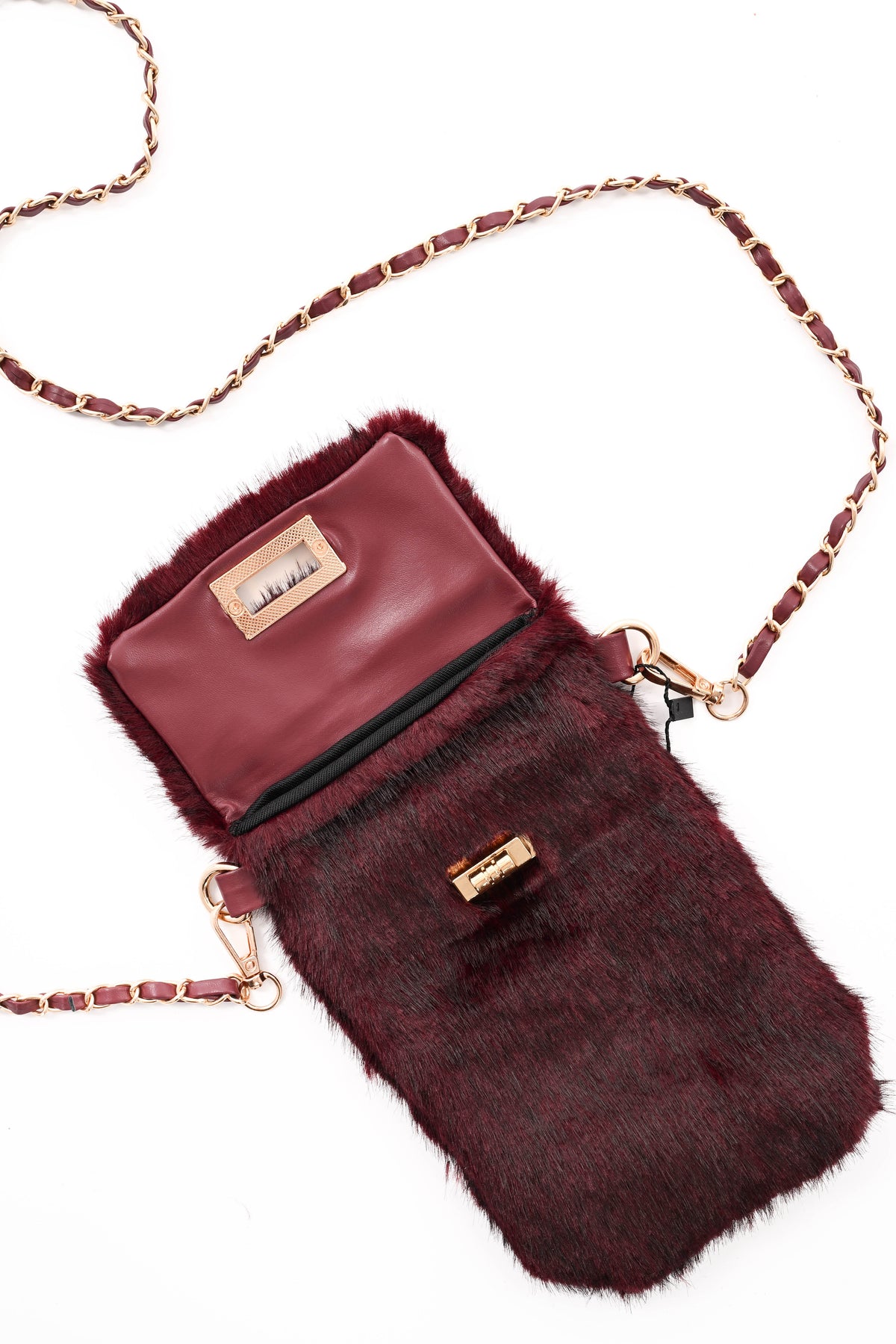 Crossbody faux fur telefoon tasje bordeaux