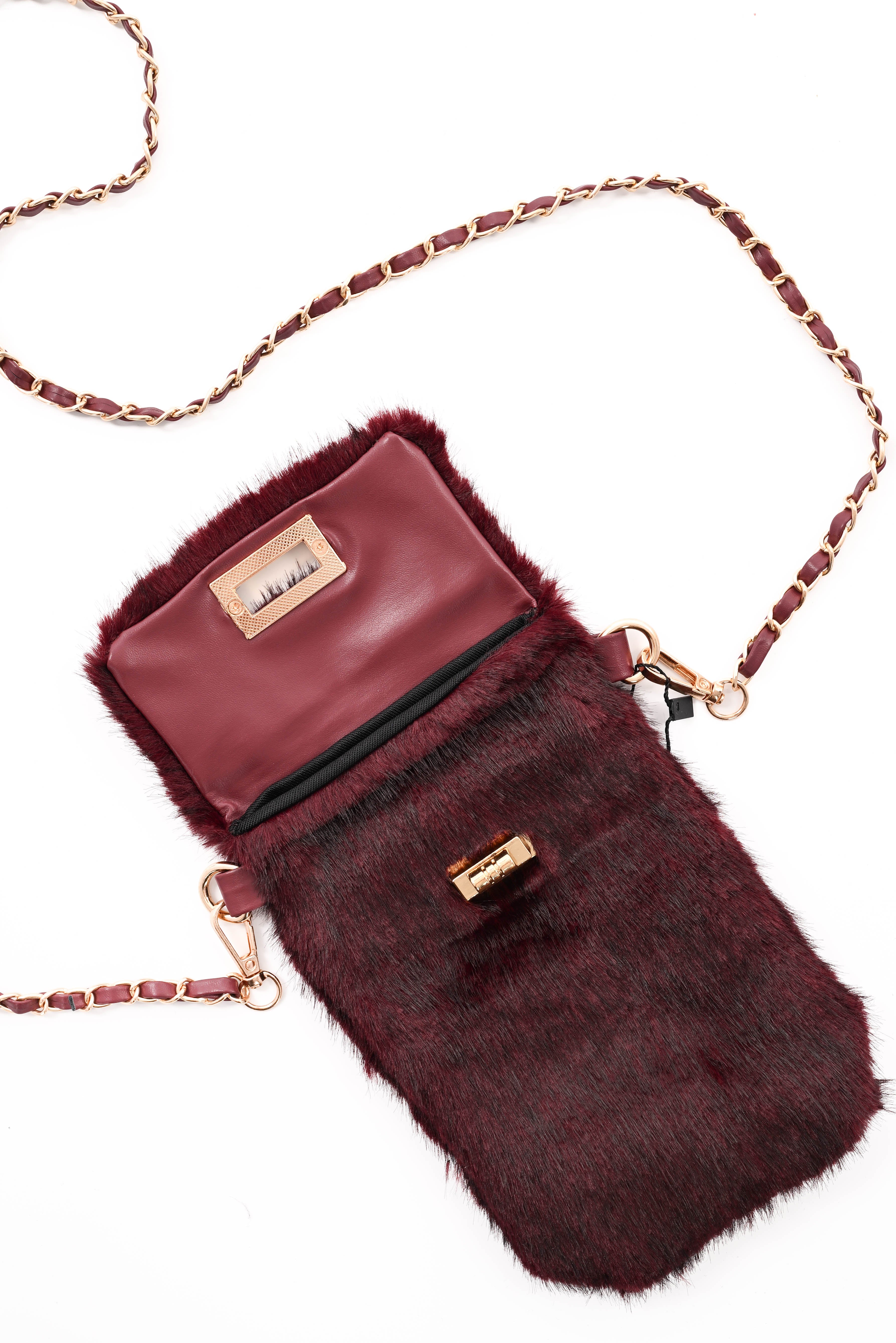 Crossbody faux fur telefoon tasje bordeaux