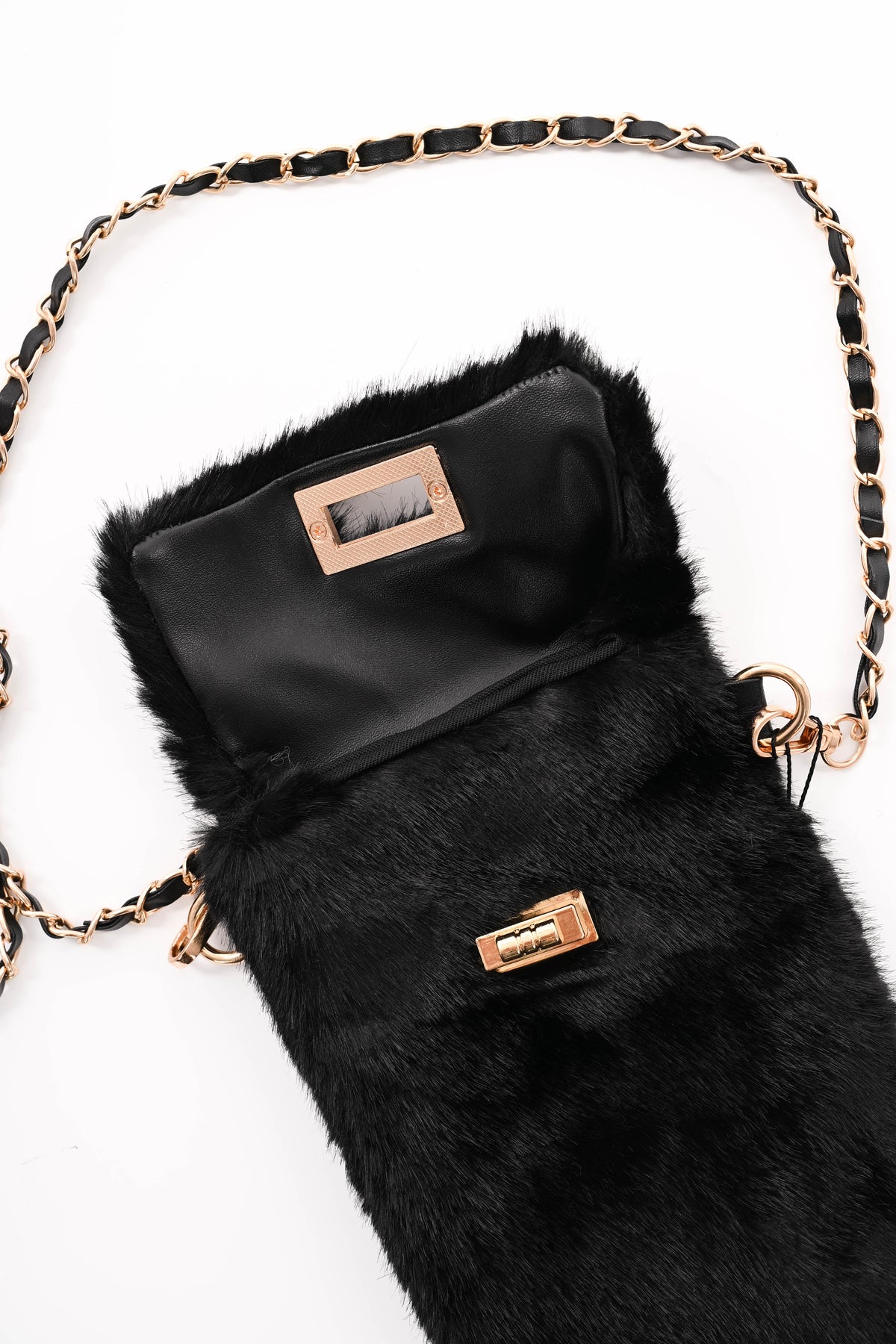 Crossbody faux fur telefoon tasje zwart