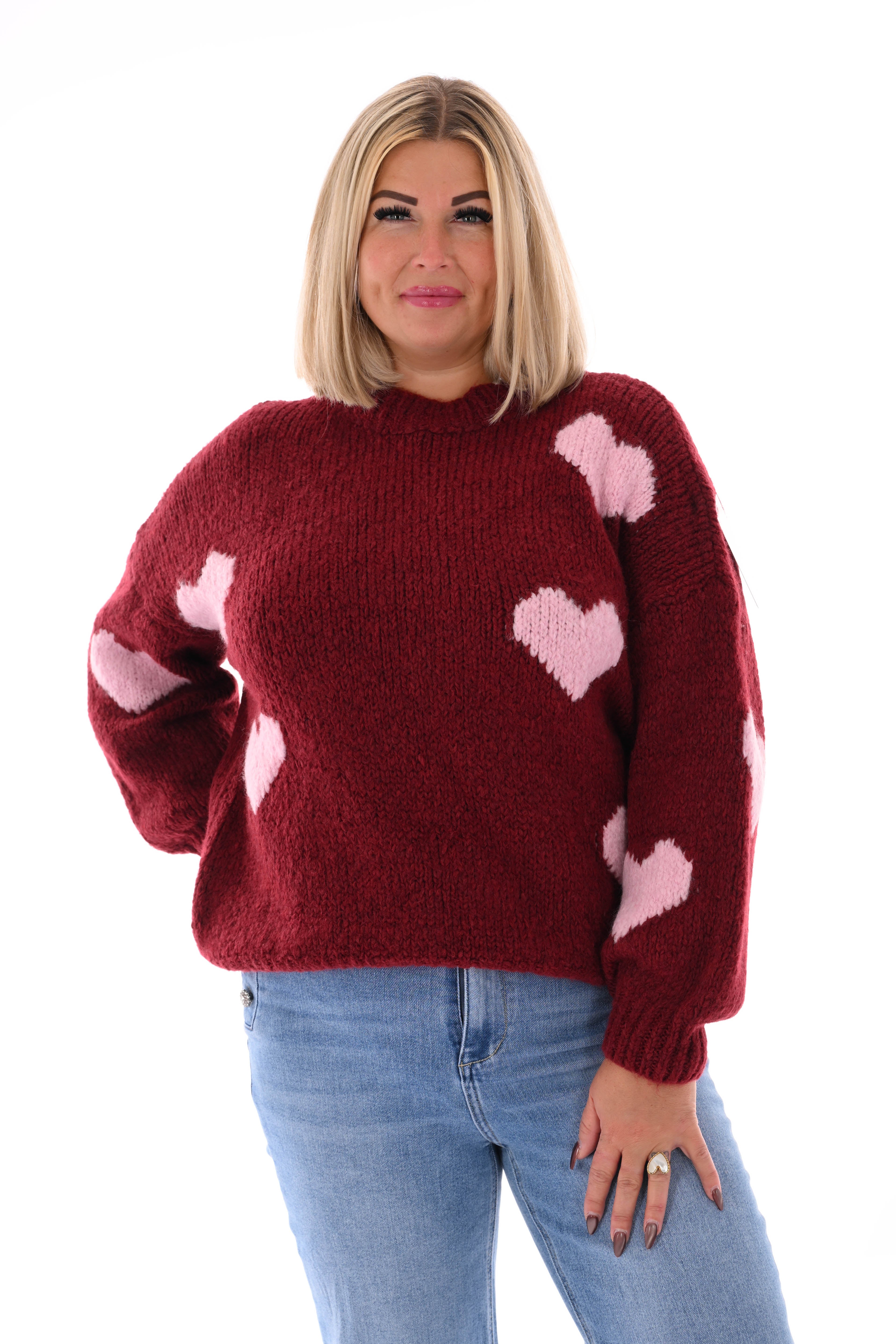 Gebreide trui hartjes bordeaux