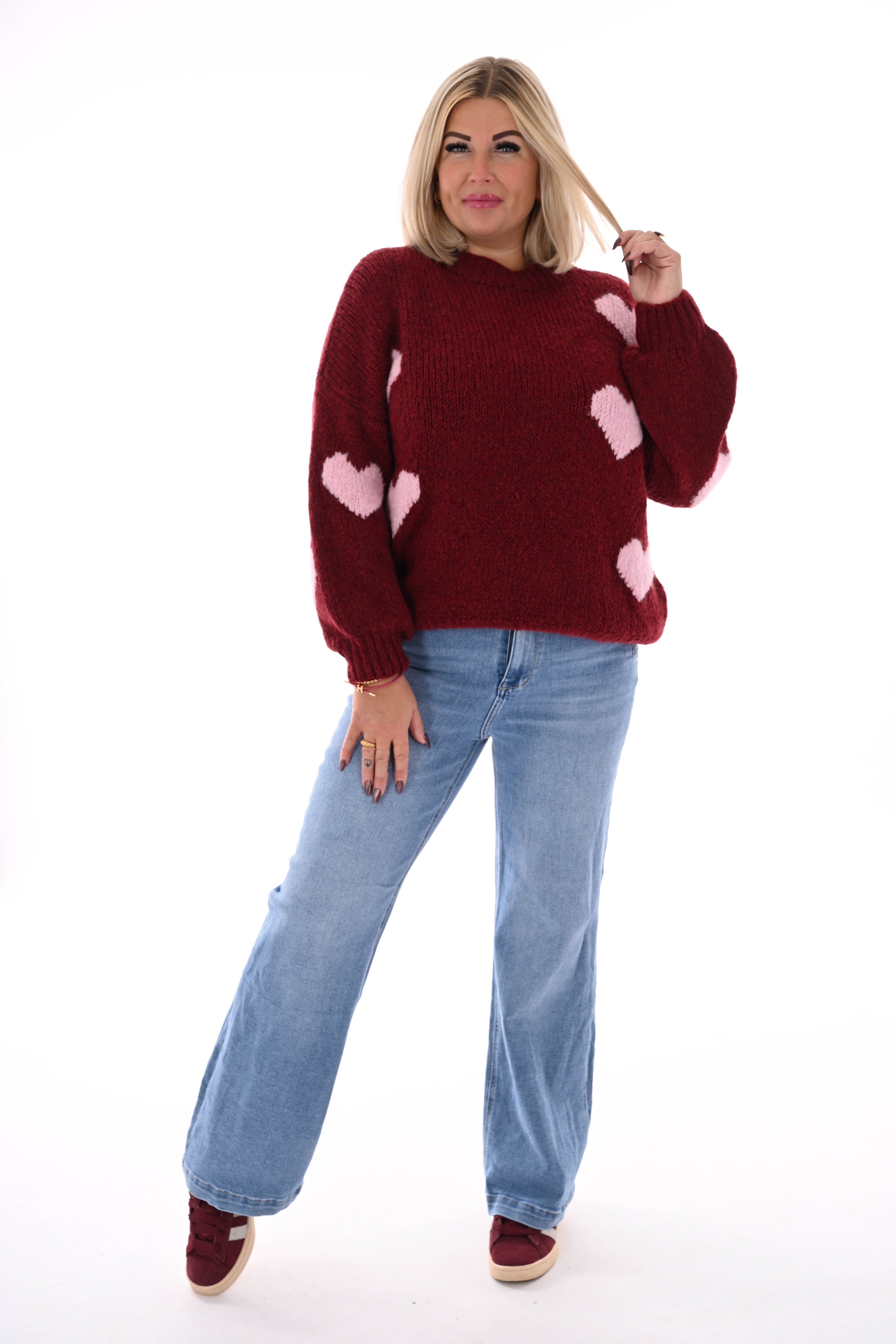 Gebreide trui hartjes bordeaux