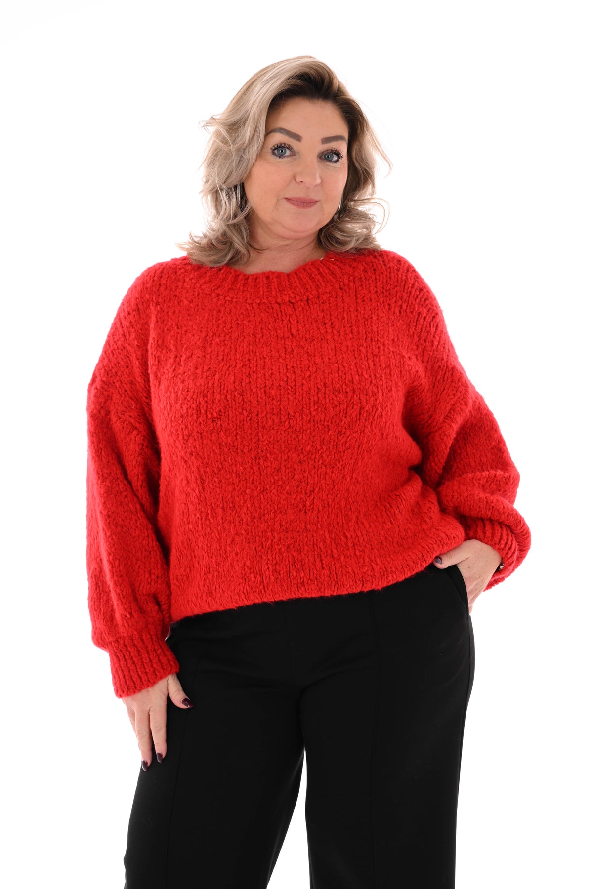 Grof gebreide trui pofmouwen rood