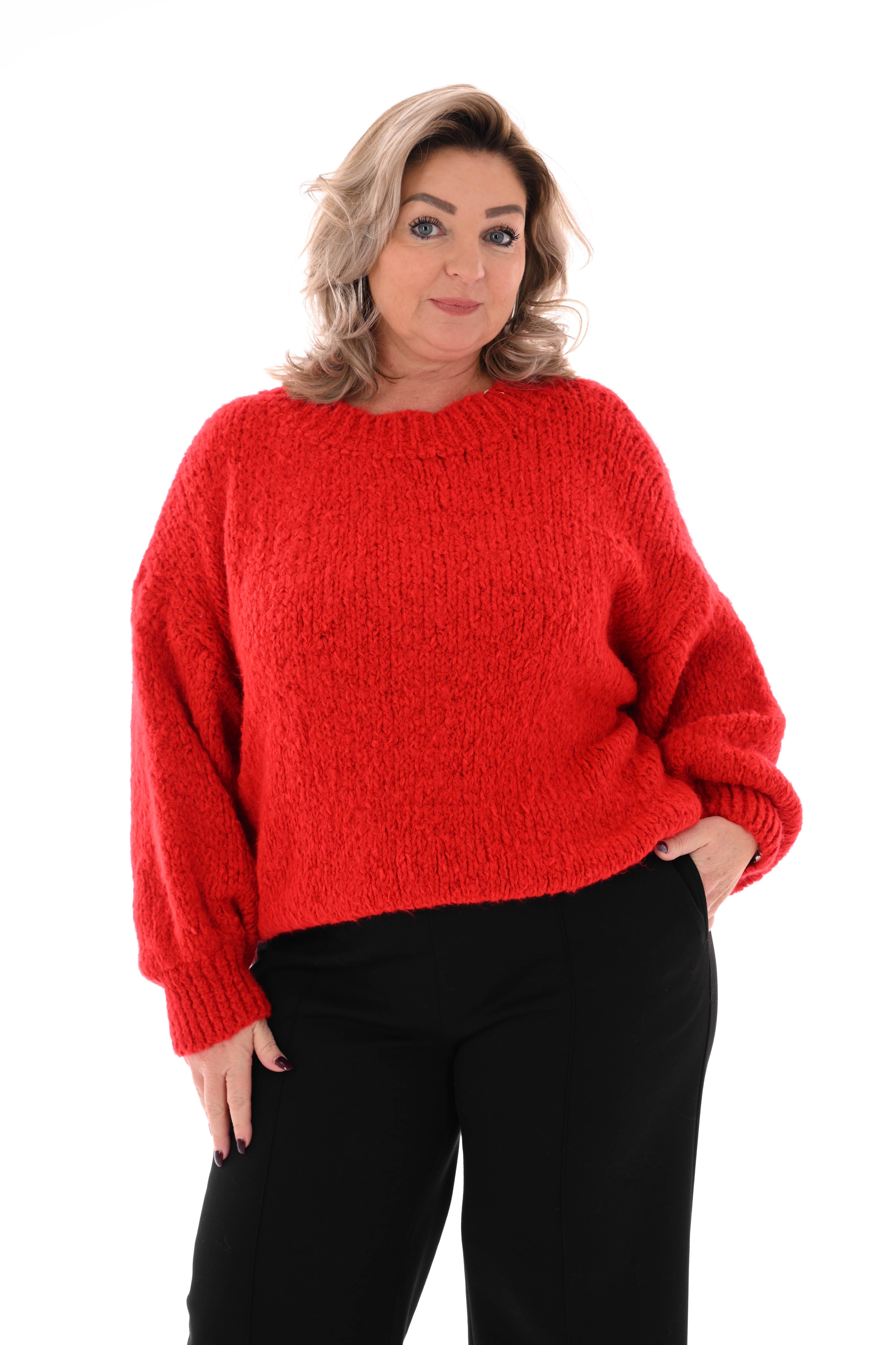 Grof gebreide trui pofmouwen rood