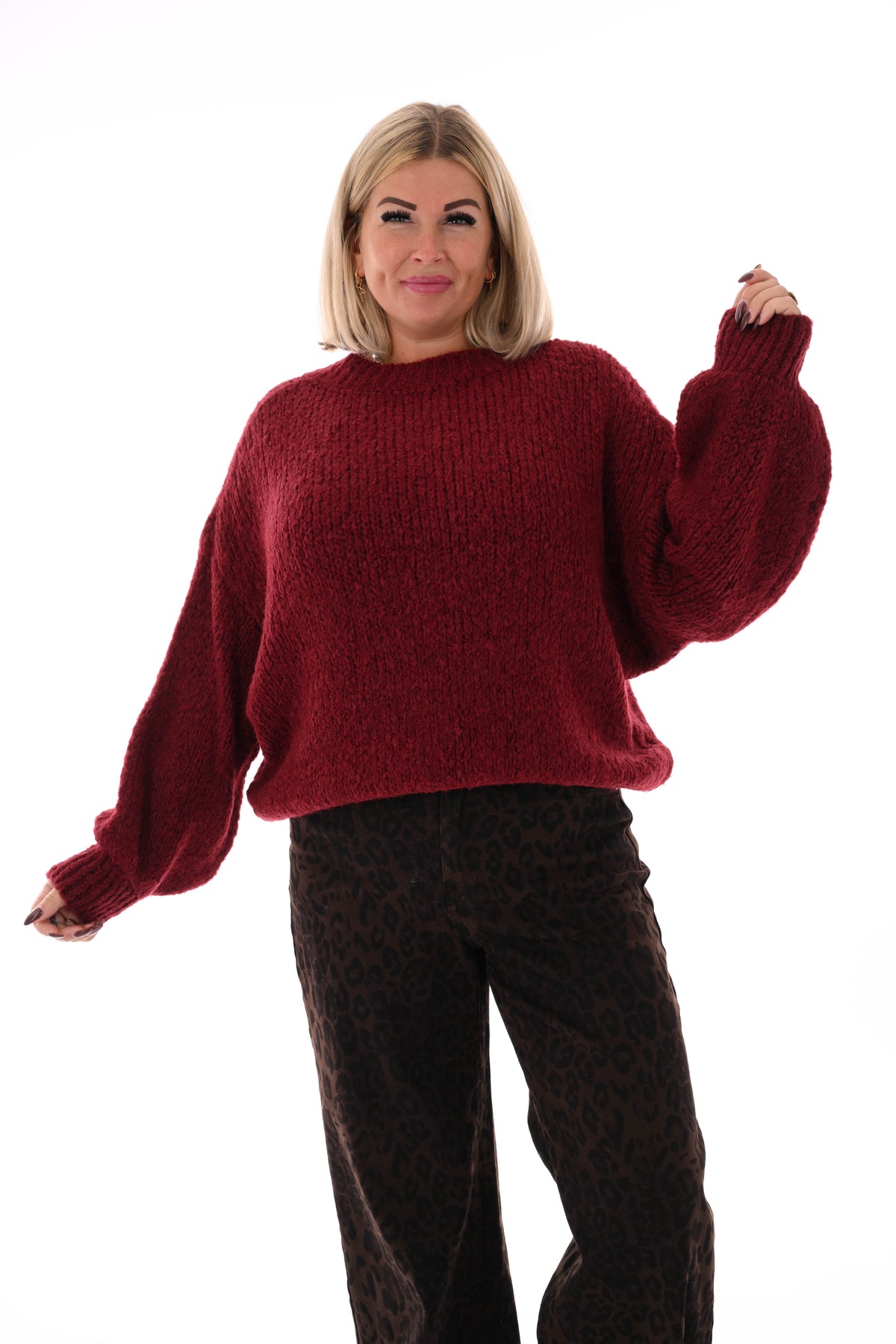 Grof gebreide trui pofmouwen bordeaux