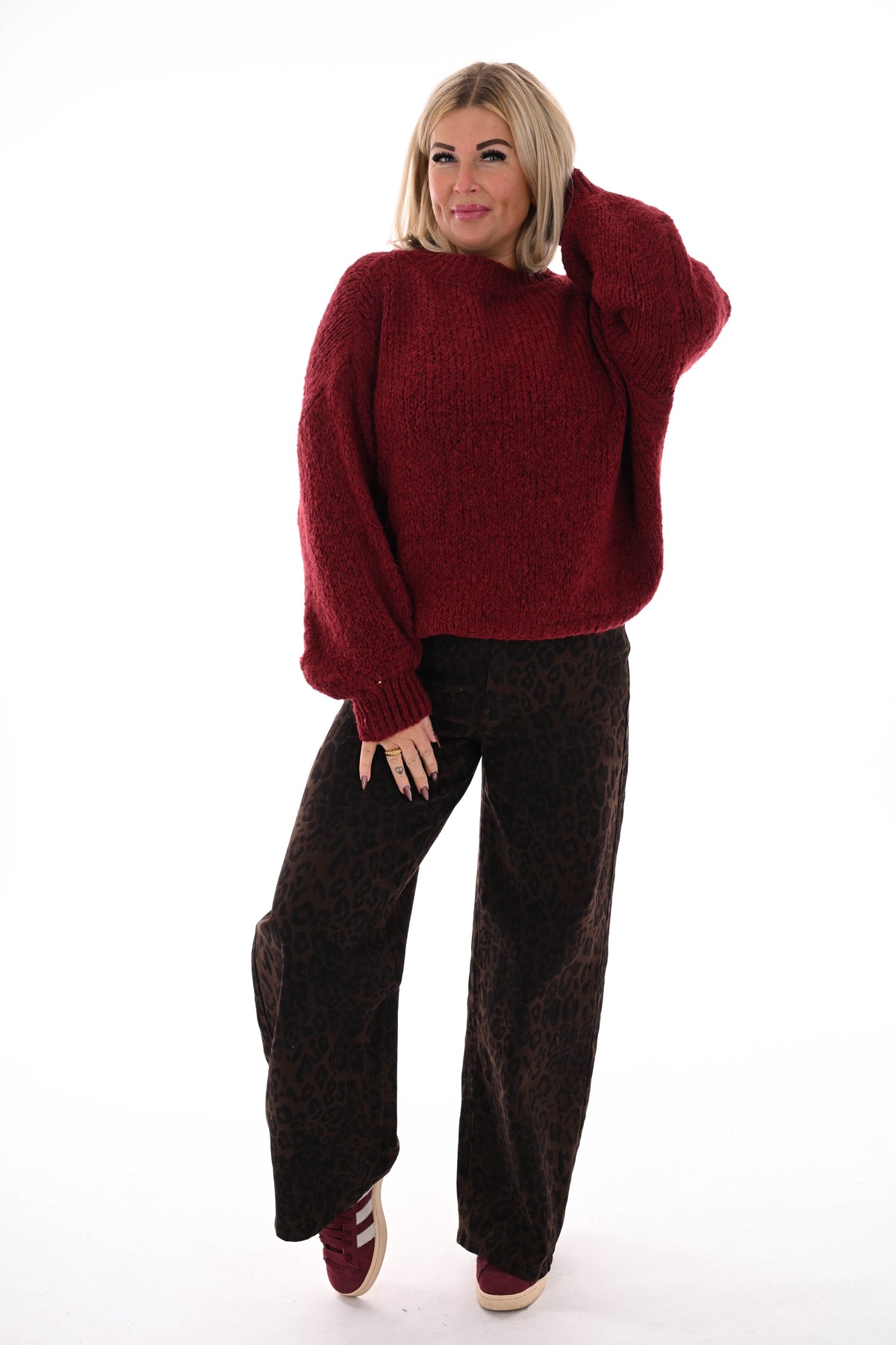 Grof gebreide trui pofmouwen bordeaux