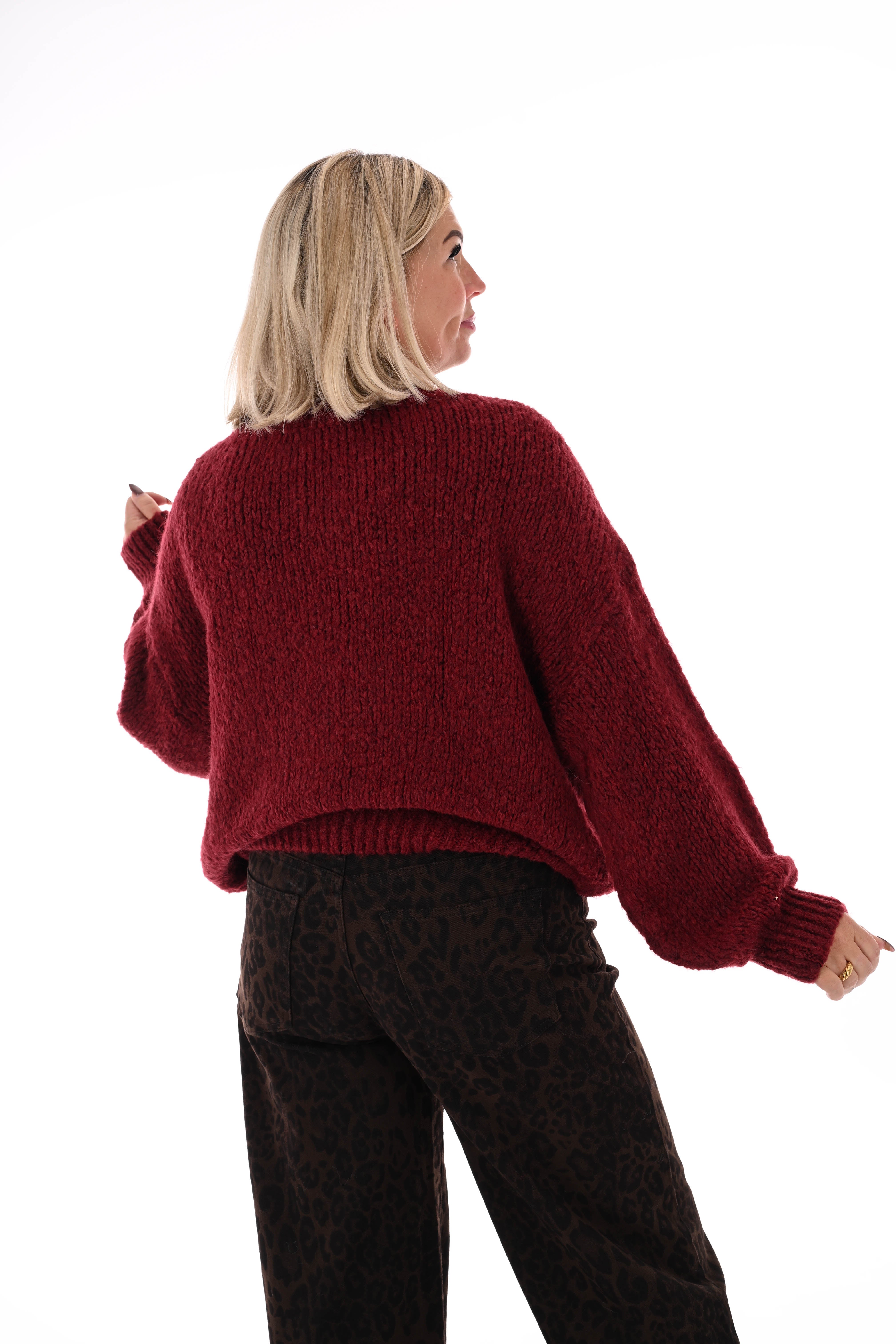 Grof gebreide trui pofmouwen bordeaux