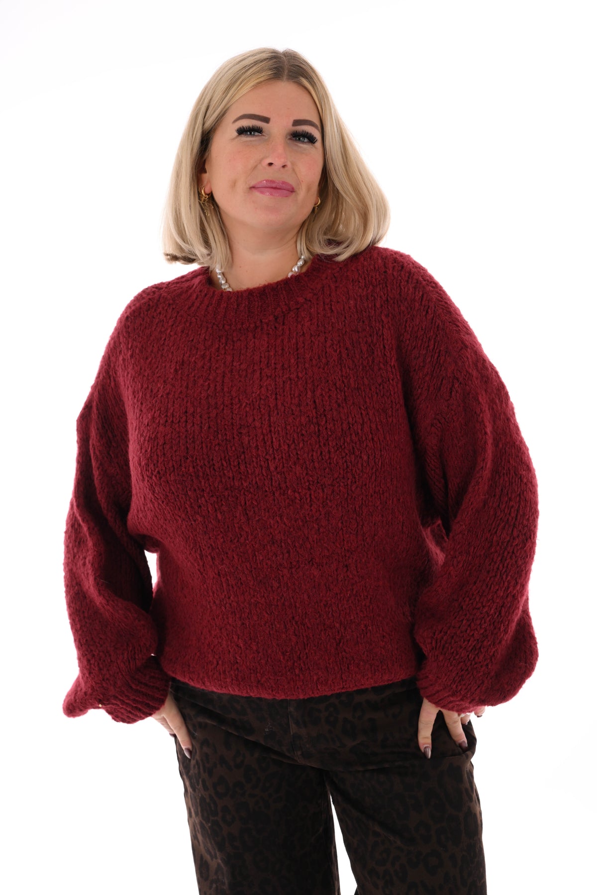 Grof gebreide trui pofmouwen bordeaux