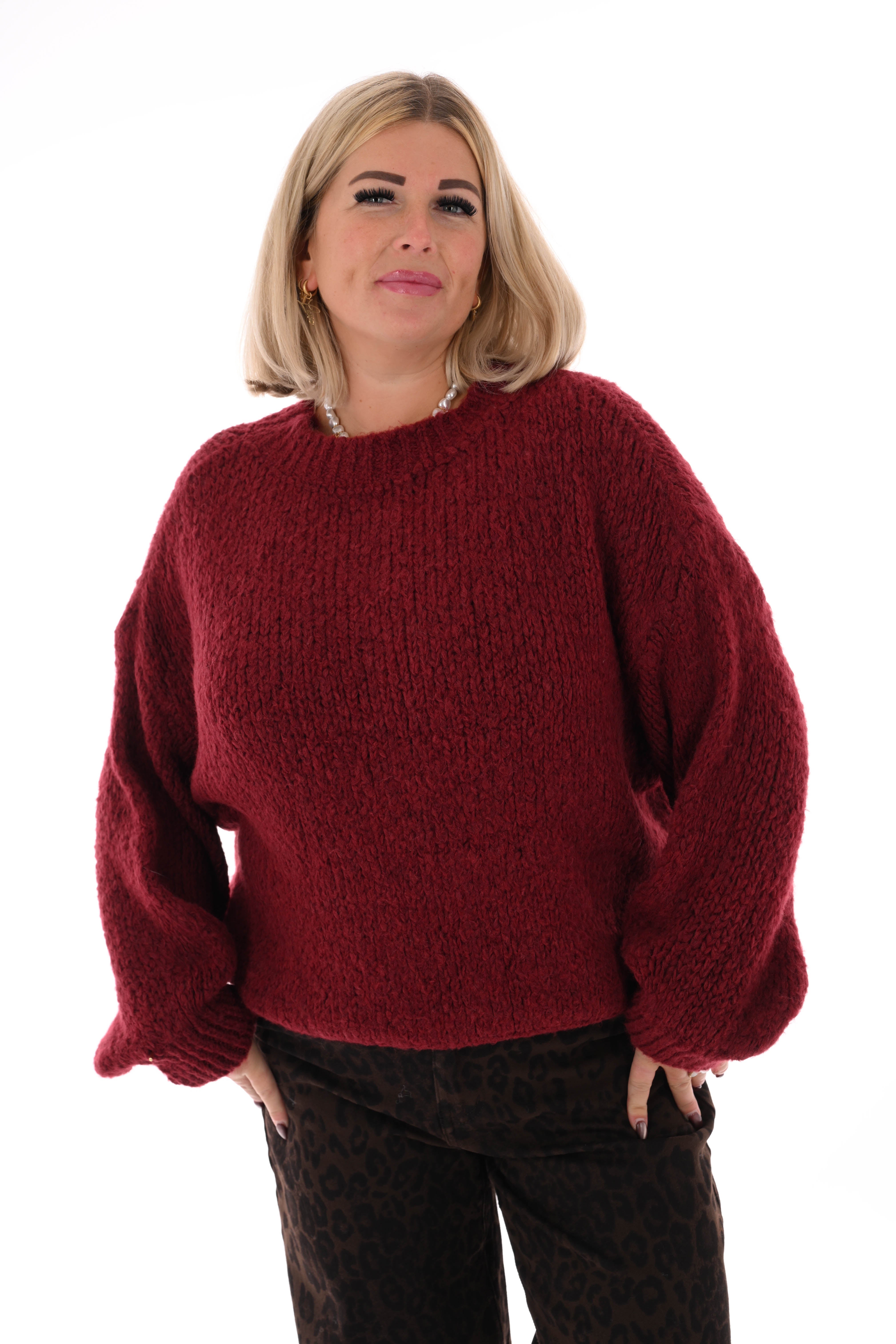 Grof gebreide trui pofmouwen bordeaux