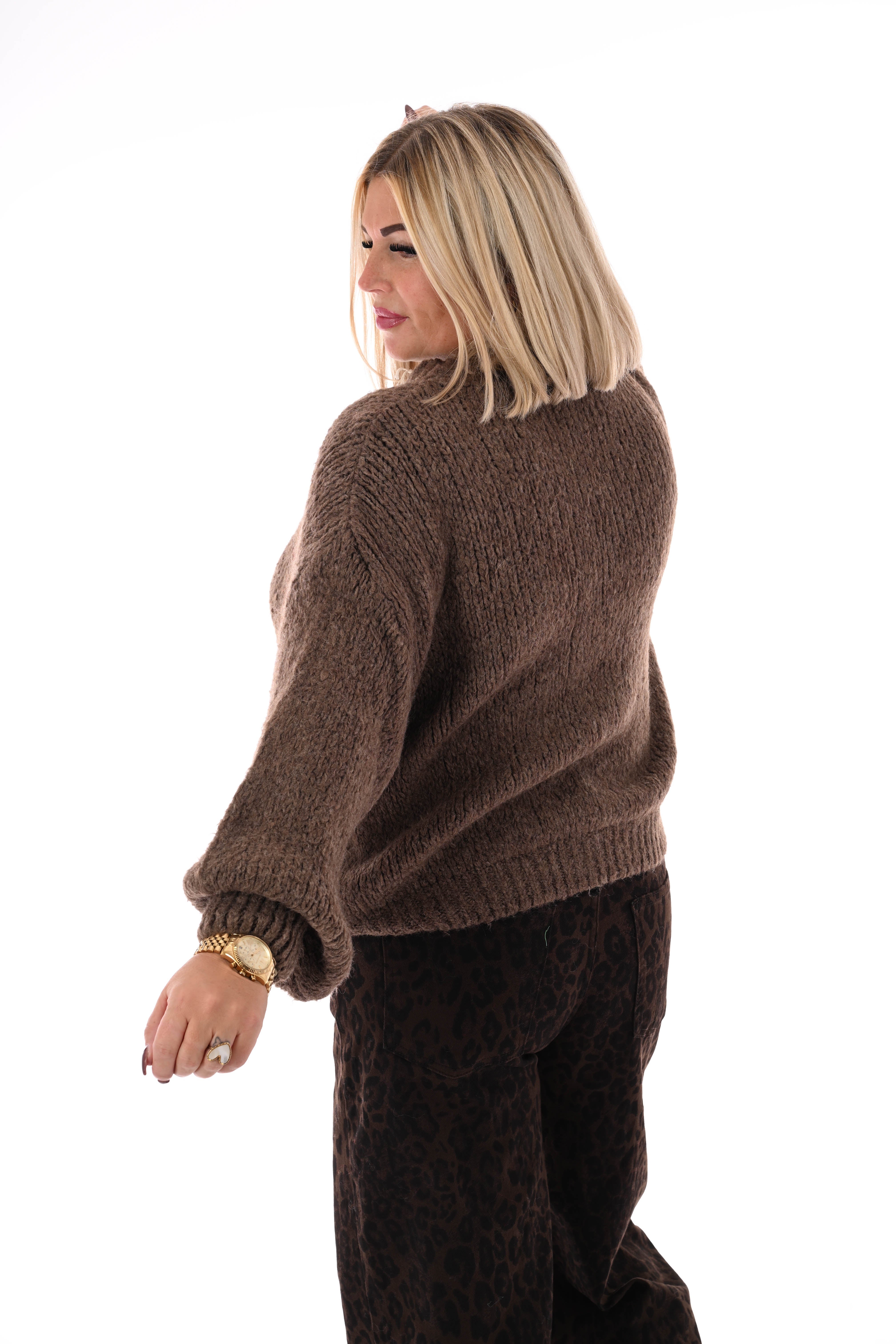 Grof gebreide trui pofmouwen lichtbruin