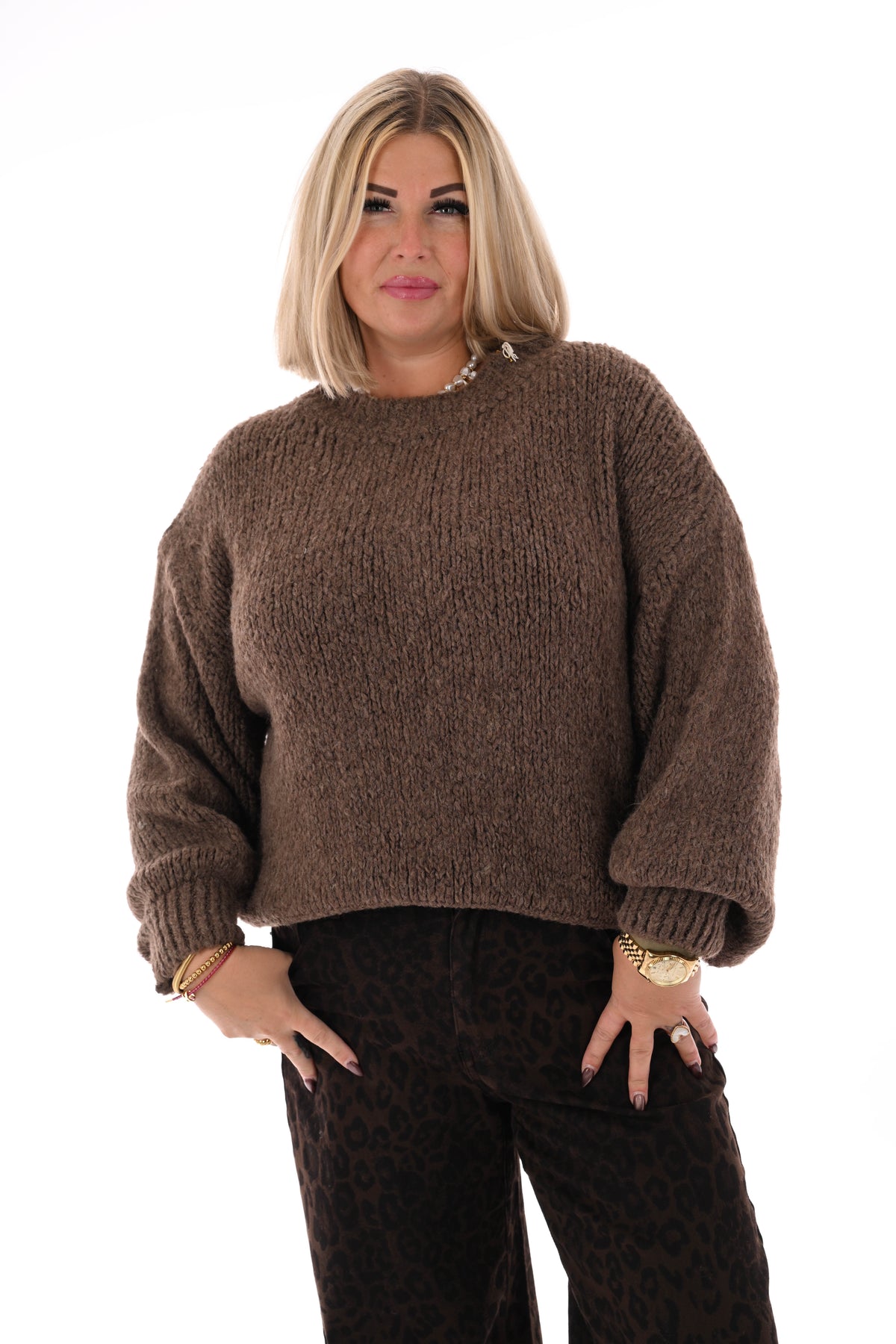 Grof gebreide trui pofmouwen lichtbruin