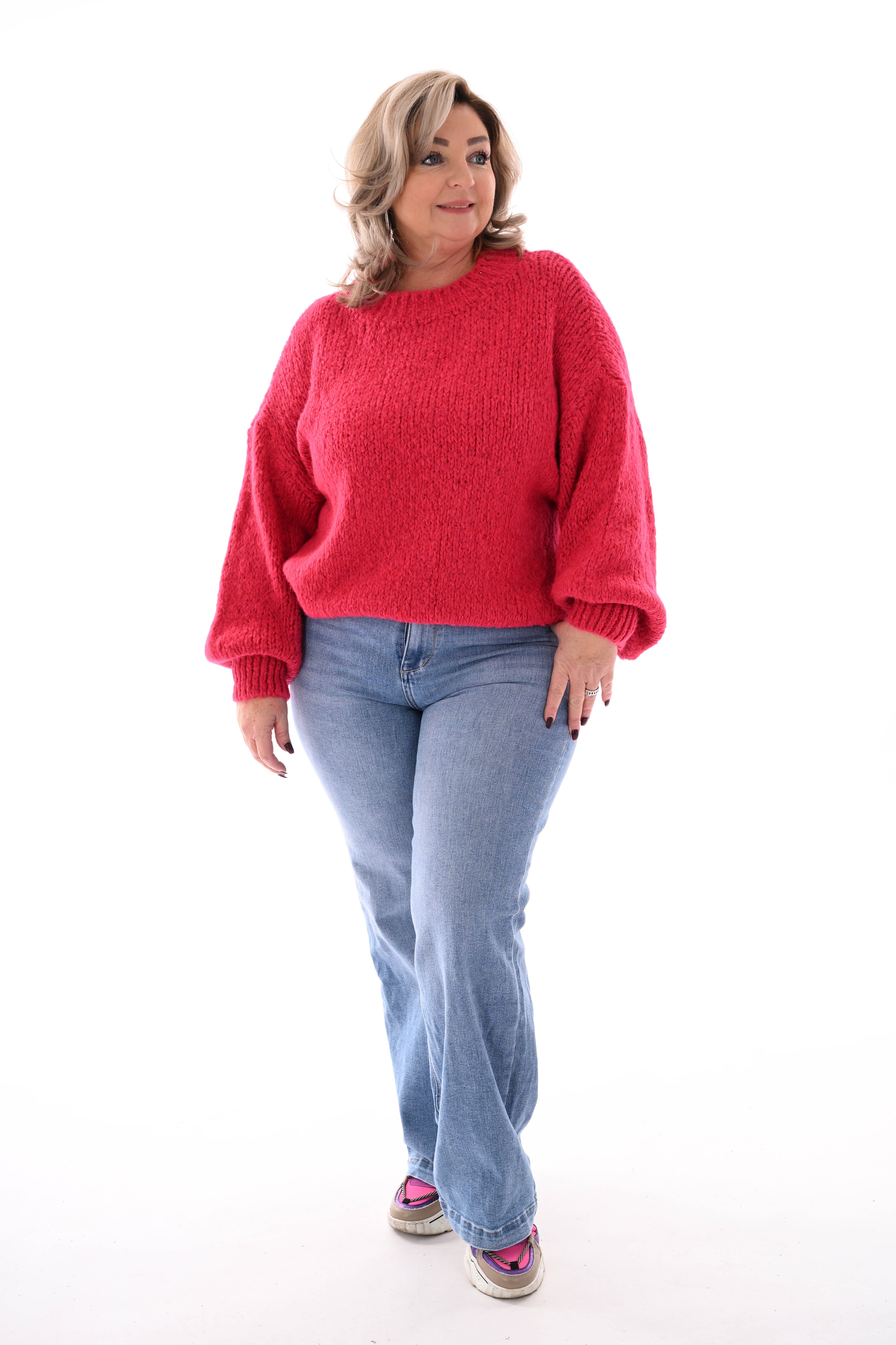Grof gebreide trui pofmouwen fuchsia