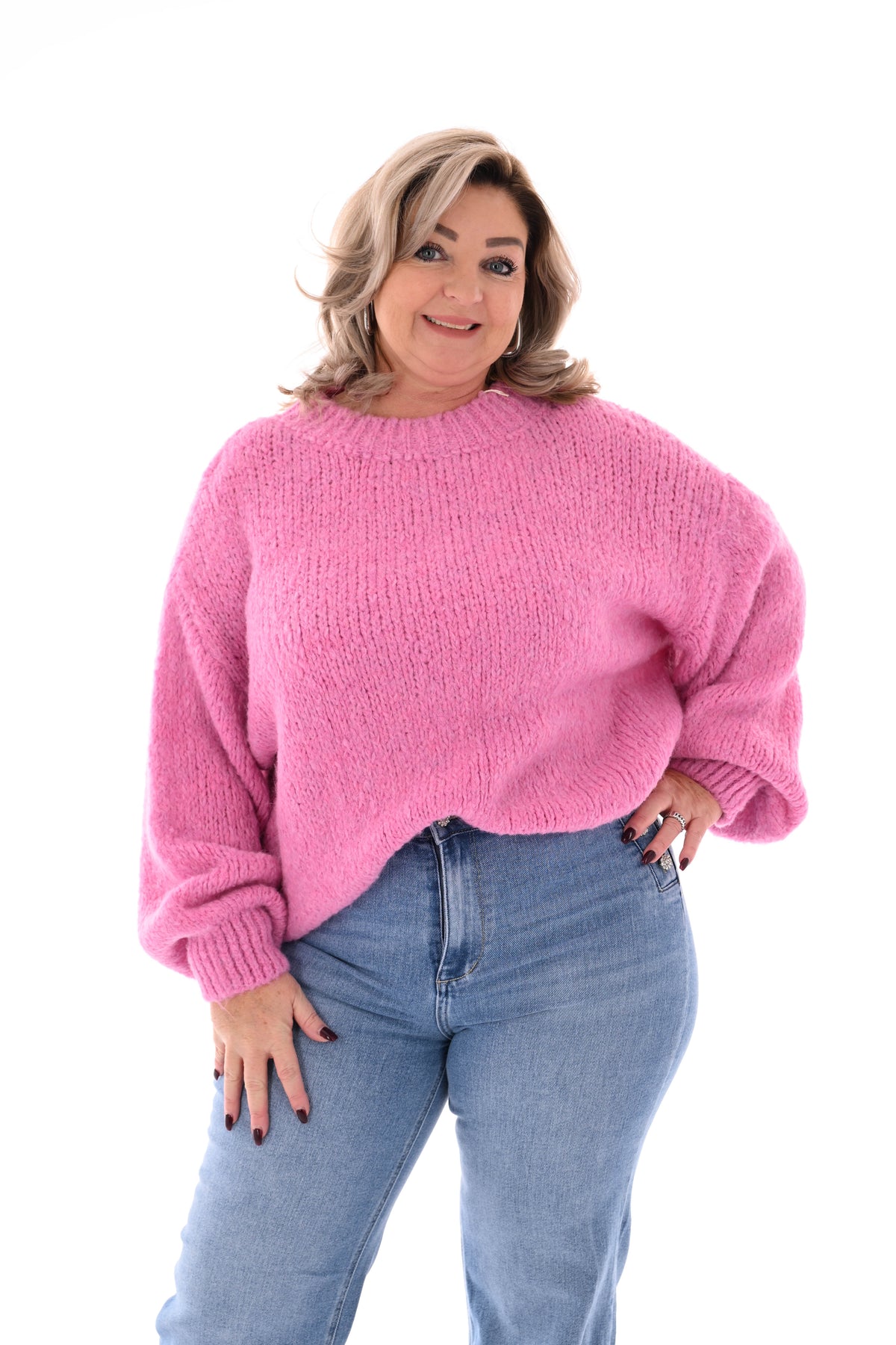 Grof gebreide trui pofmouwen roze