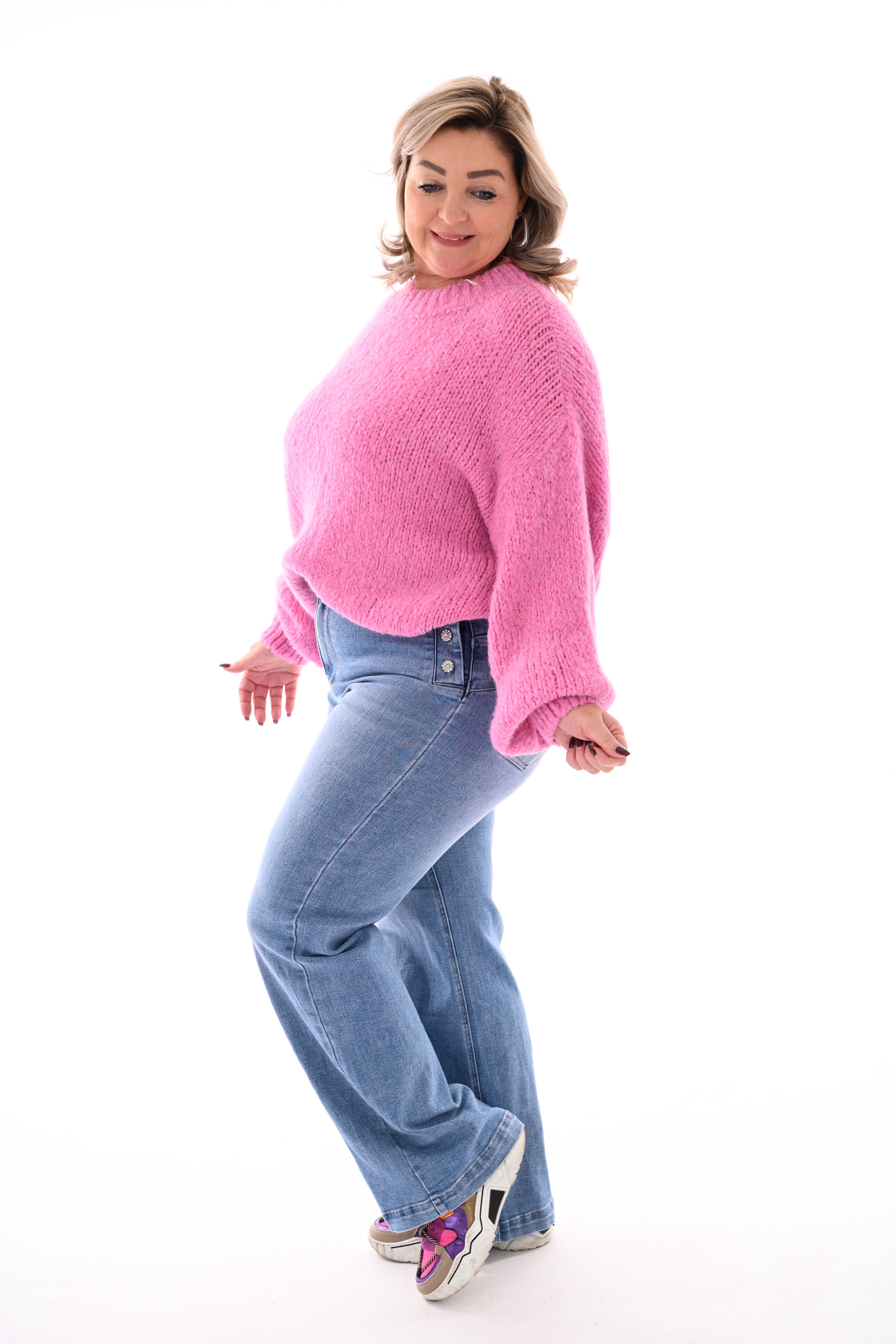 Grof gebreide trui pofmouwen roze