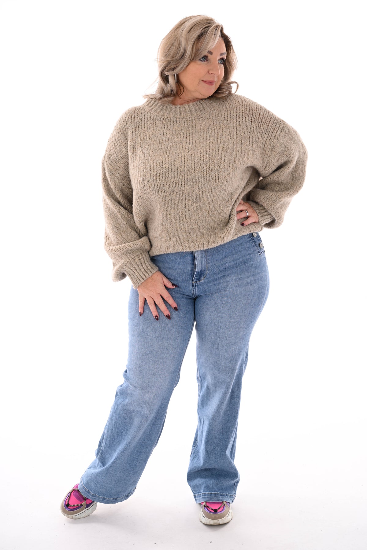 Grof gebreide trui pofmouwen beige