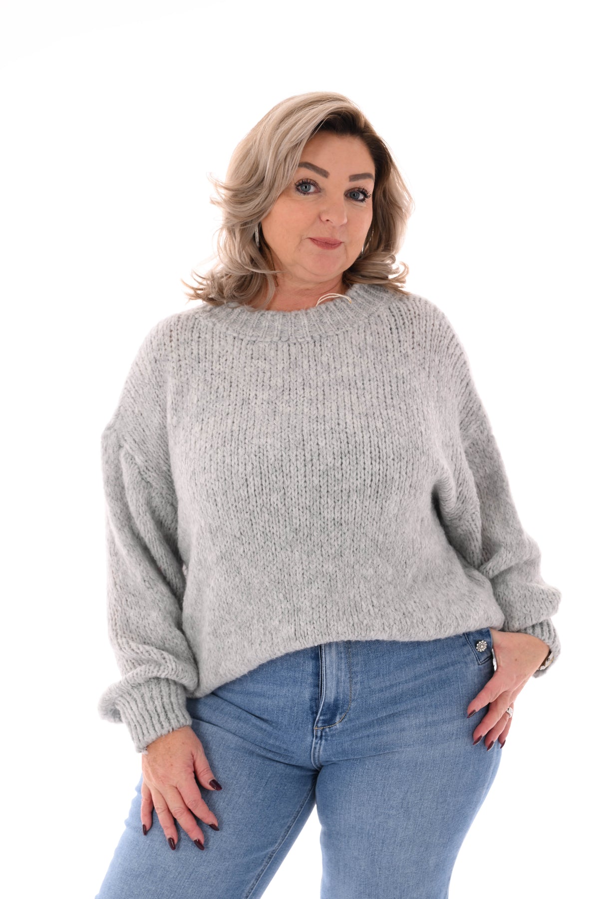 Grof gebreide trui pofmouwen lichtgrijs