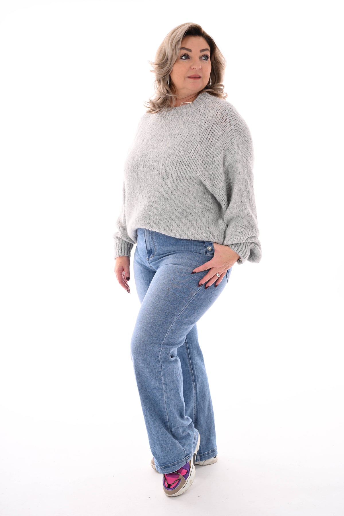 Grof gebreide trui pofmouwen lichtgrijs