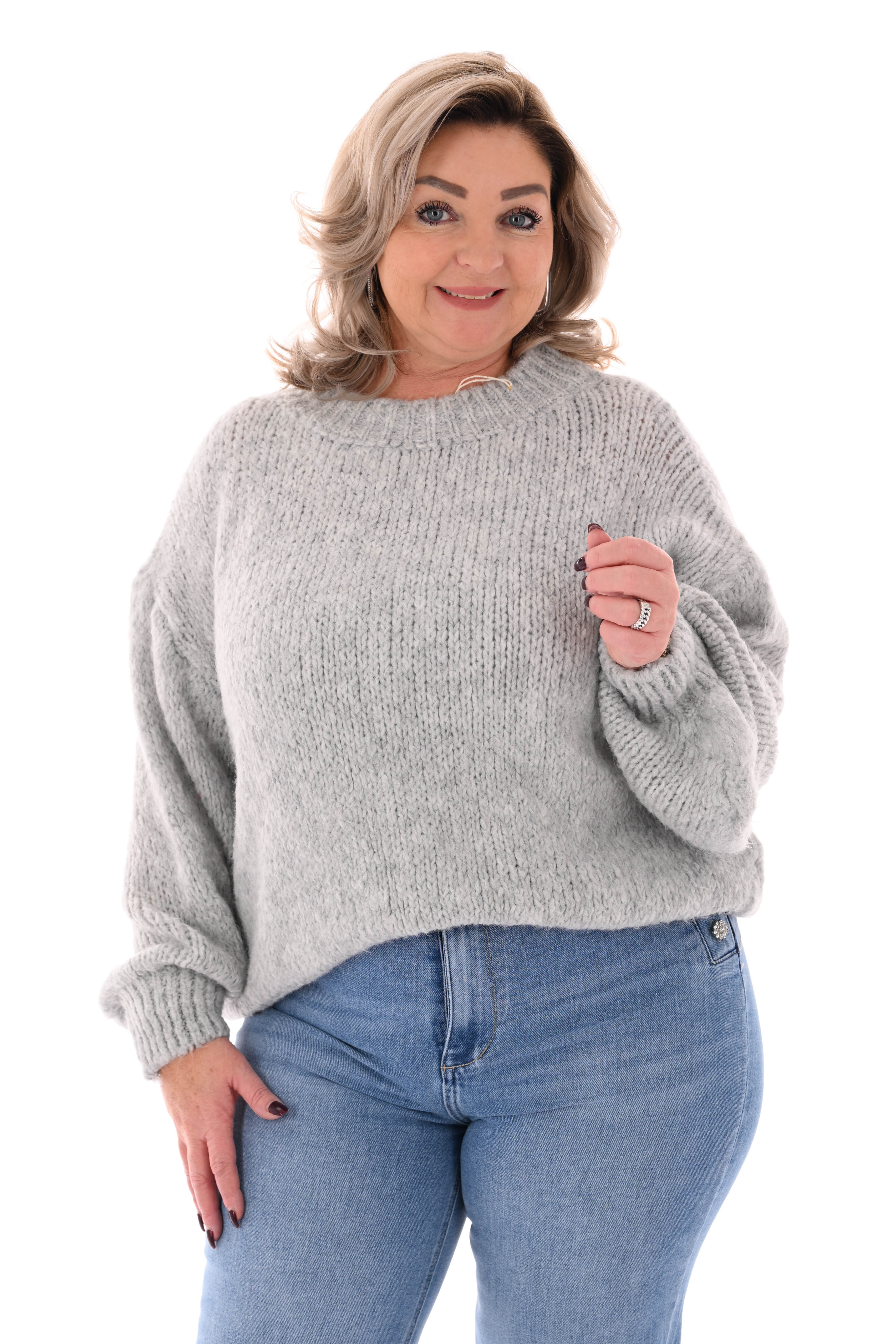 Grof gebreide trui pofmouwen lichtgrijs