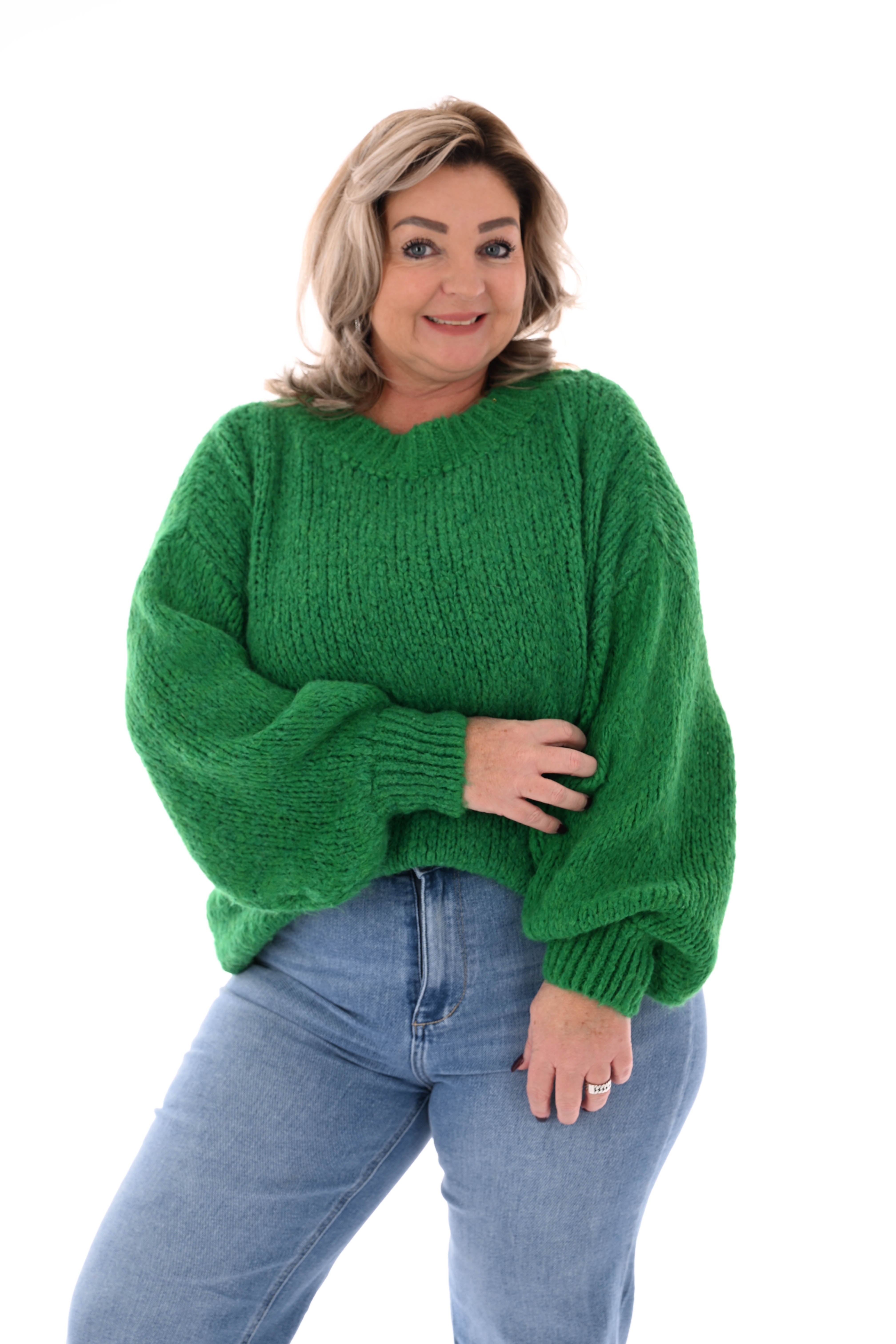Grof gebreide trui pofmouwen groen