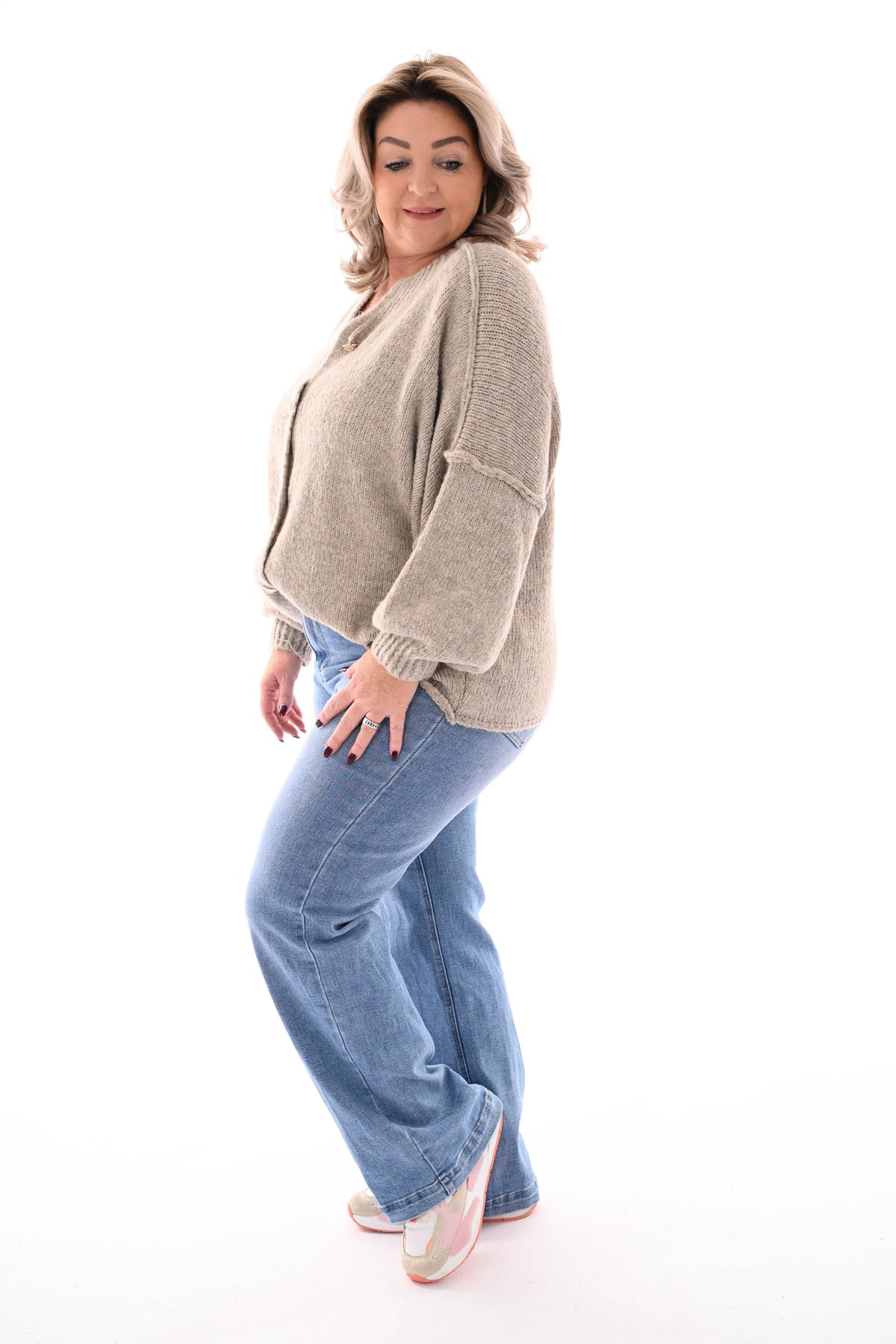 Grof gebreid vest knopen taupe