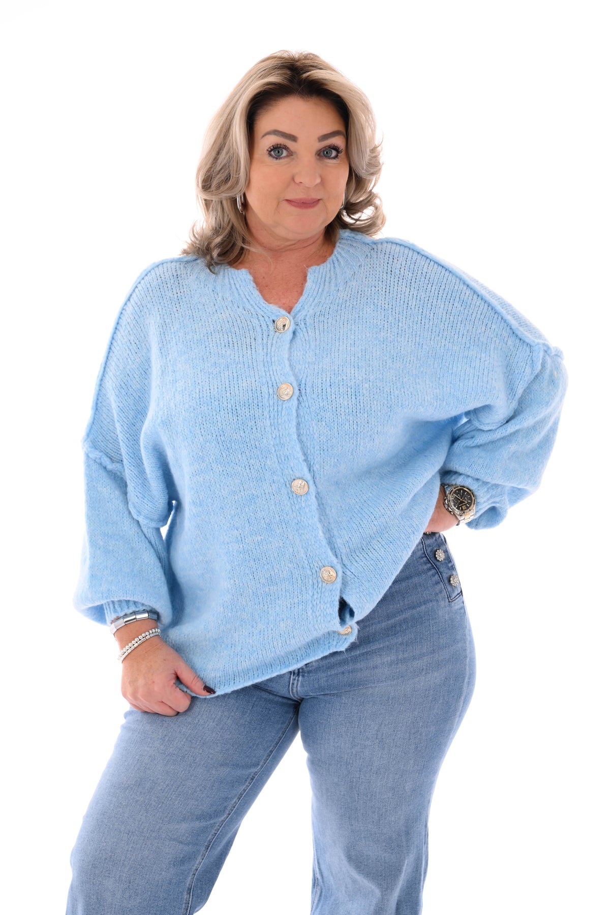 Grof gebreid vest knopen lichtblauw