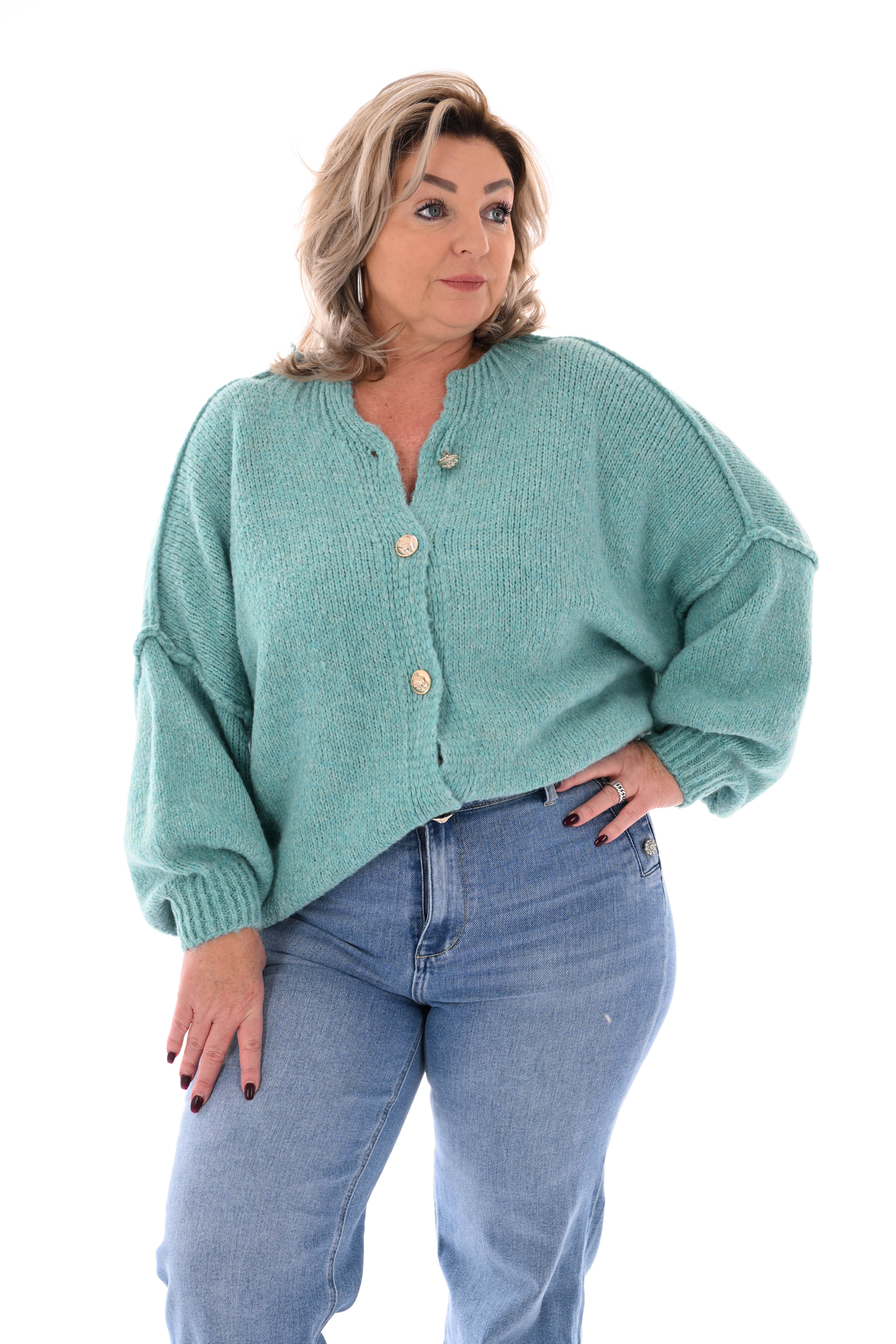 Grof gebreid vest knopen turquoise