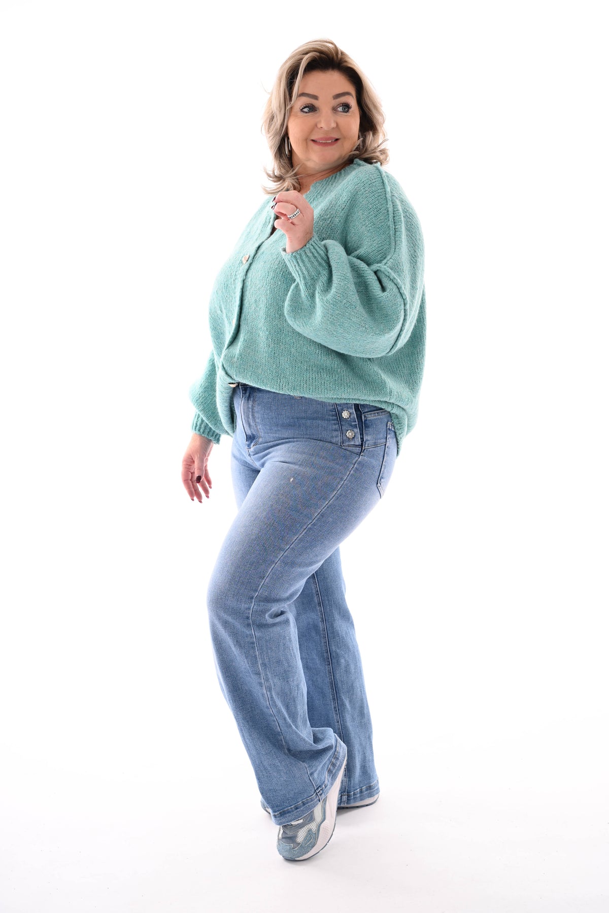 Grof gebreid vest knopen turquoise