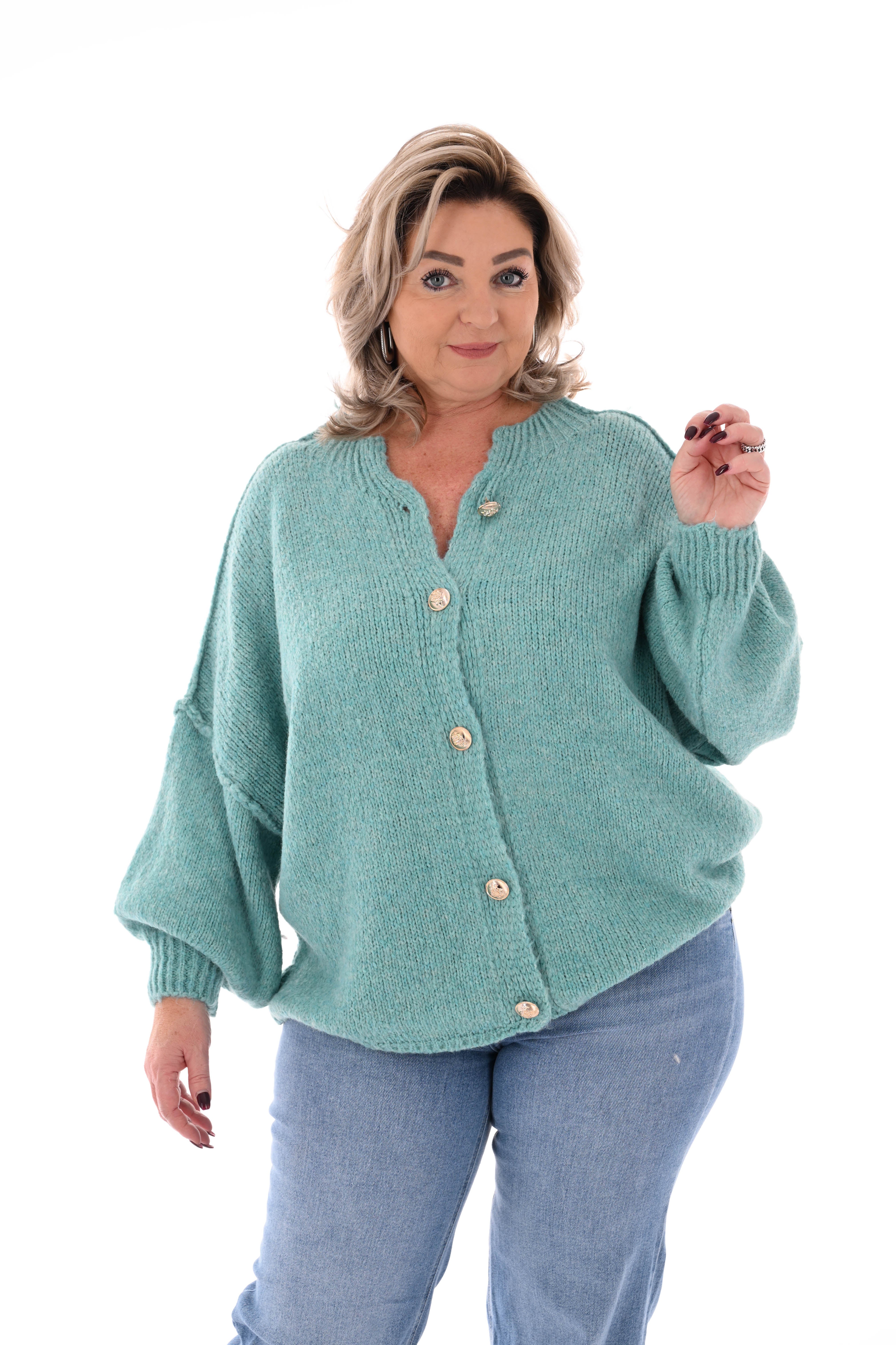 Grof gebreid vest knopen turquoise