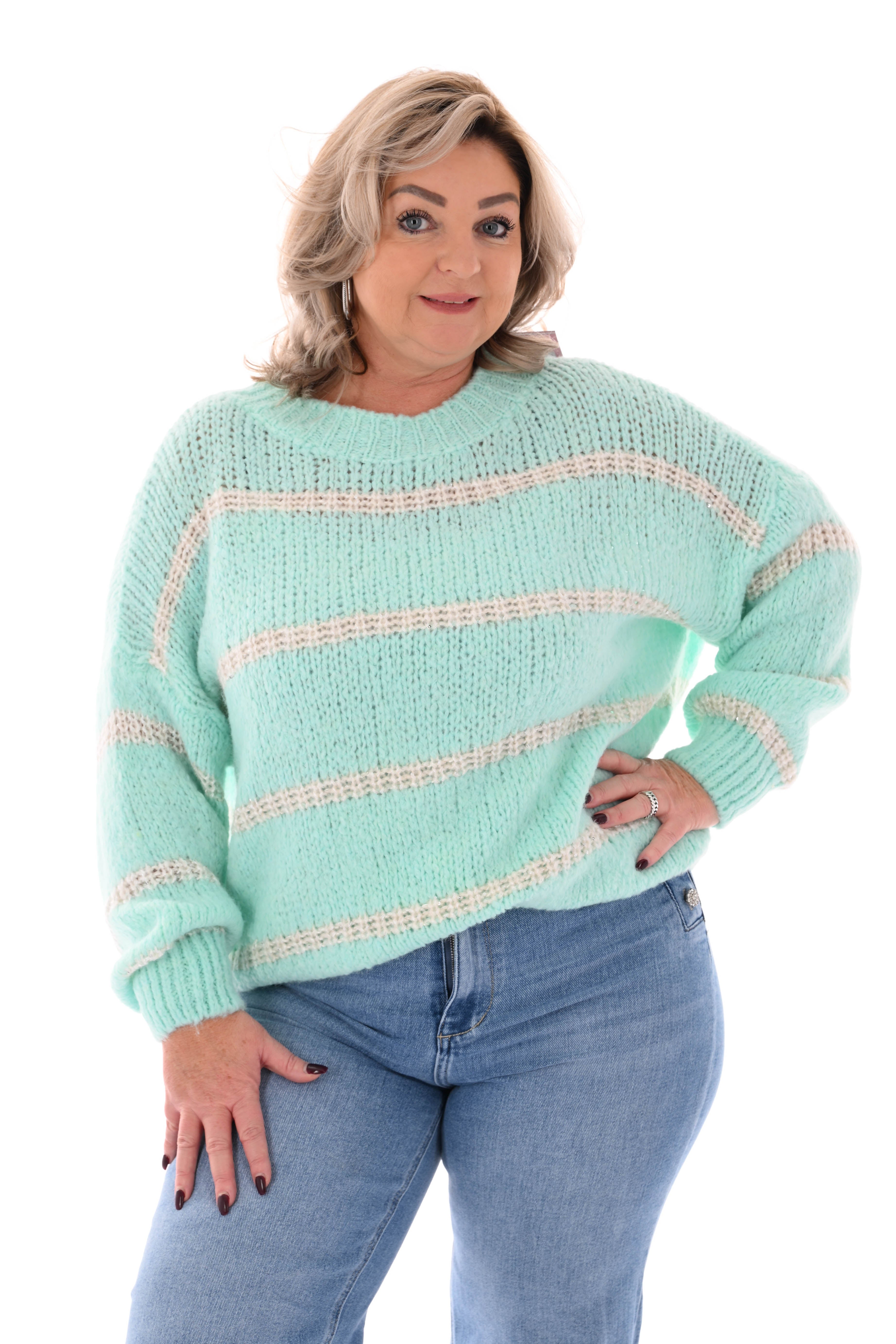 Gebreide trui lurex glitter strepen mint