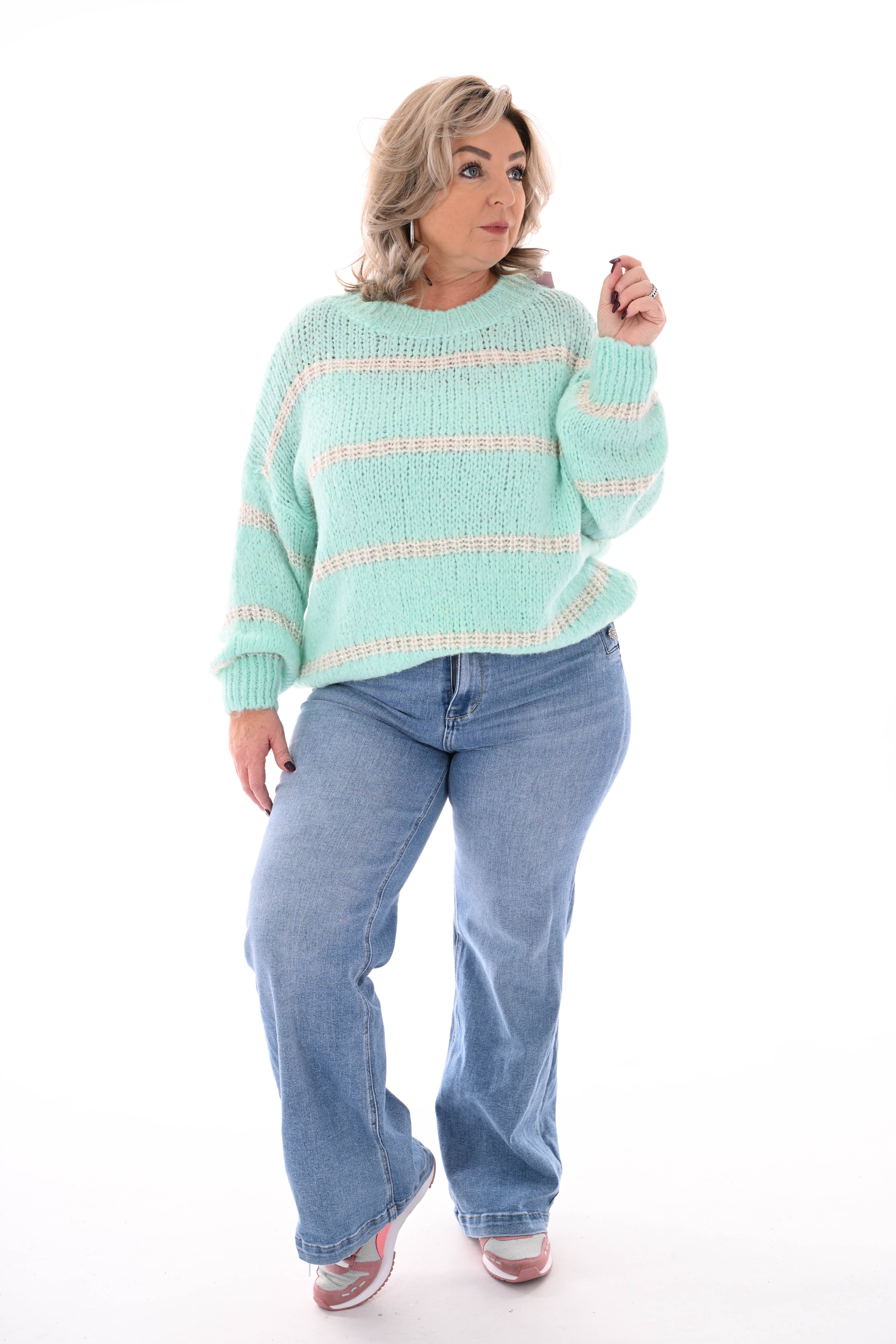 Gebreide trui lurex glitter strepen mint