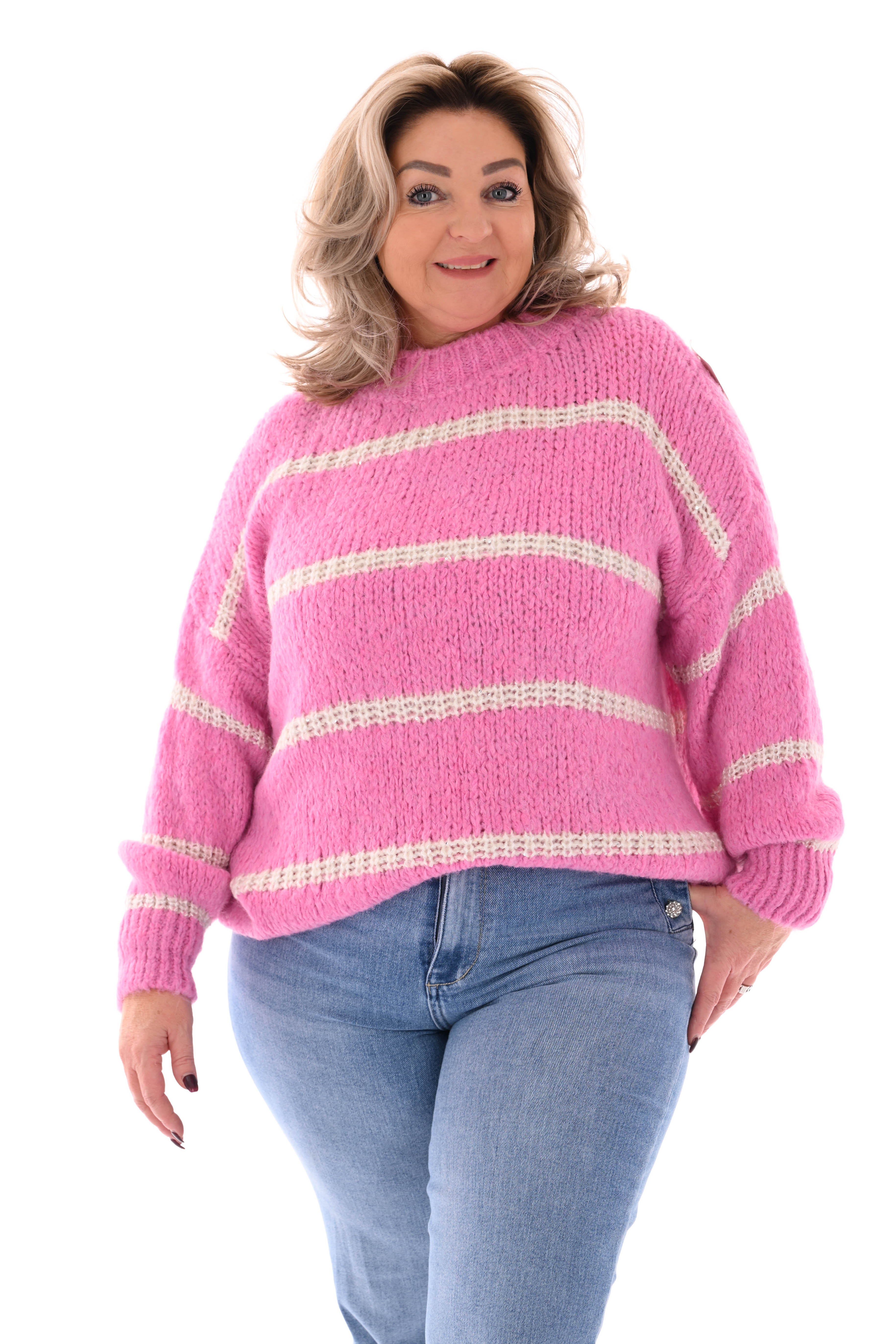 Gebreide trui lurex glitter strepen roze