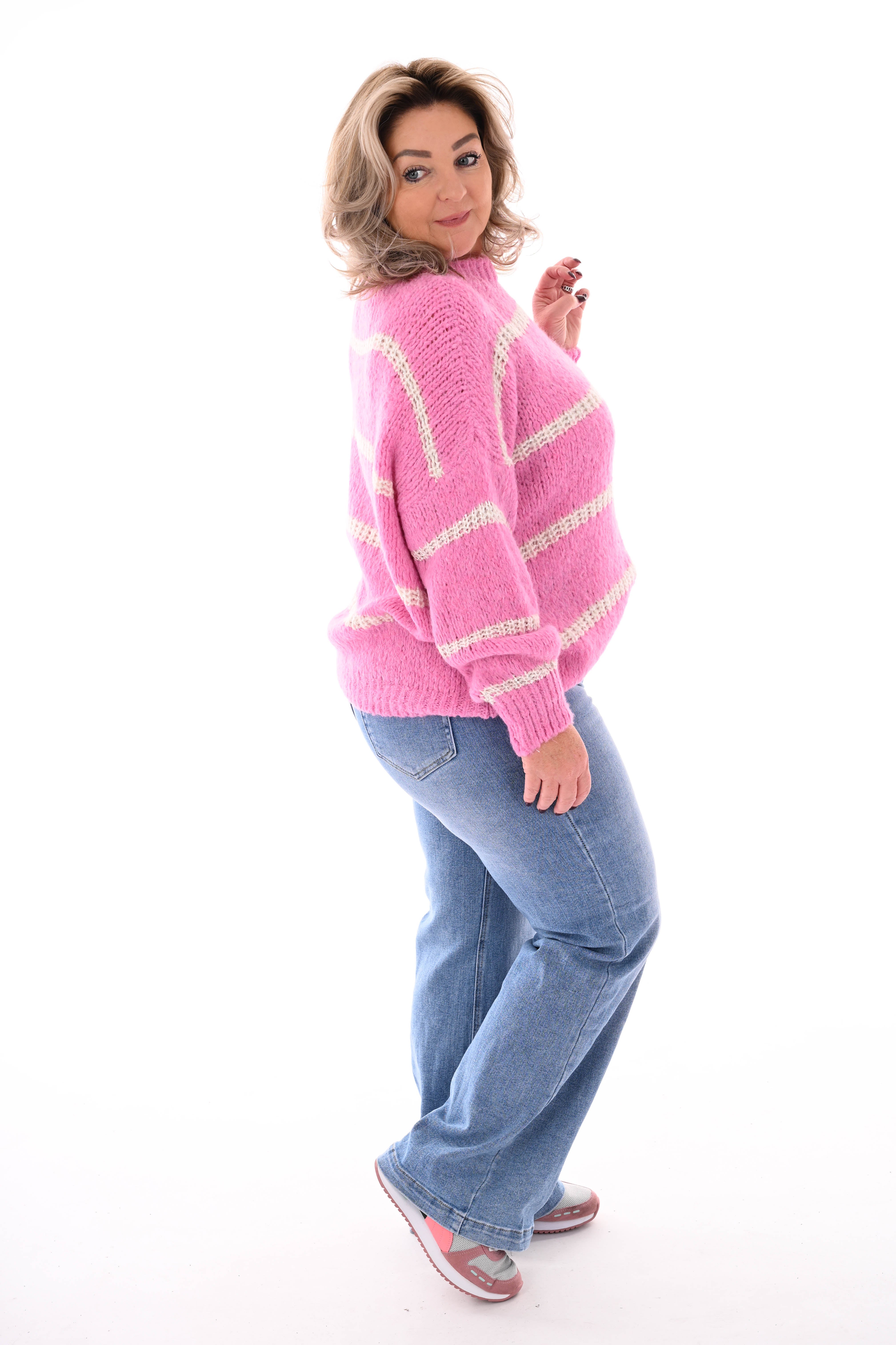 Gebreide trui lurex glitter strepen roze