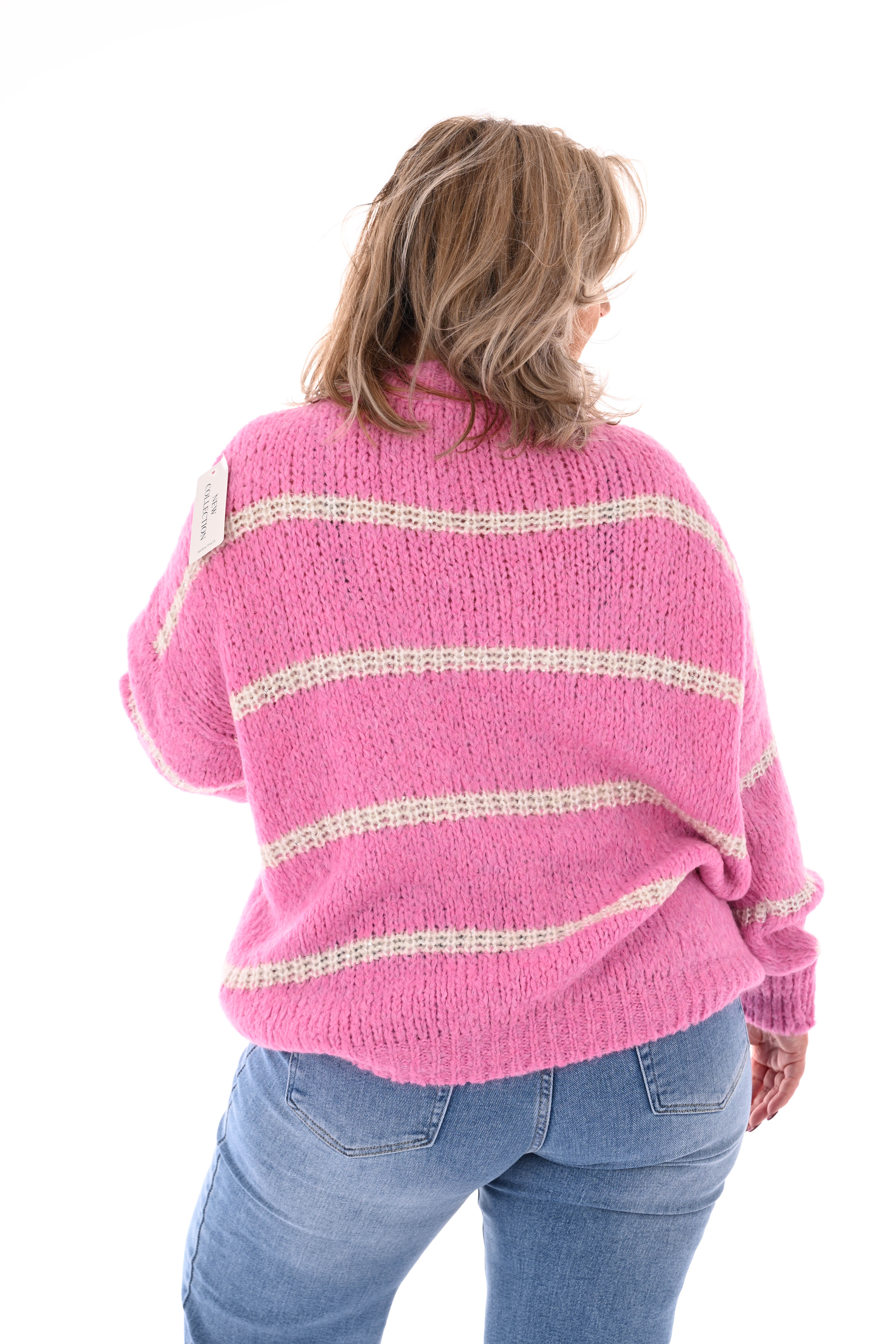 Gebreide trui lurex glitter strepen roze