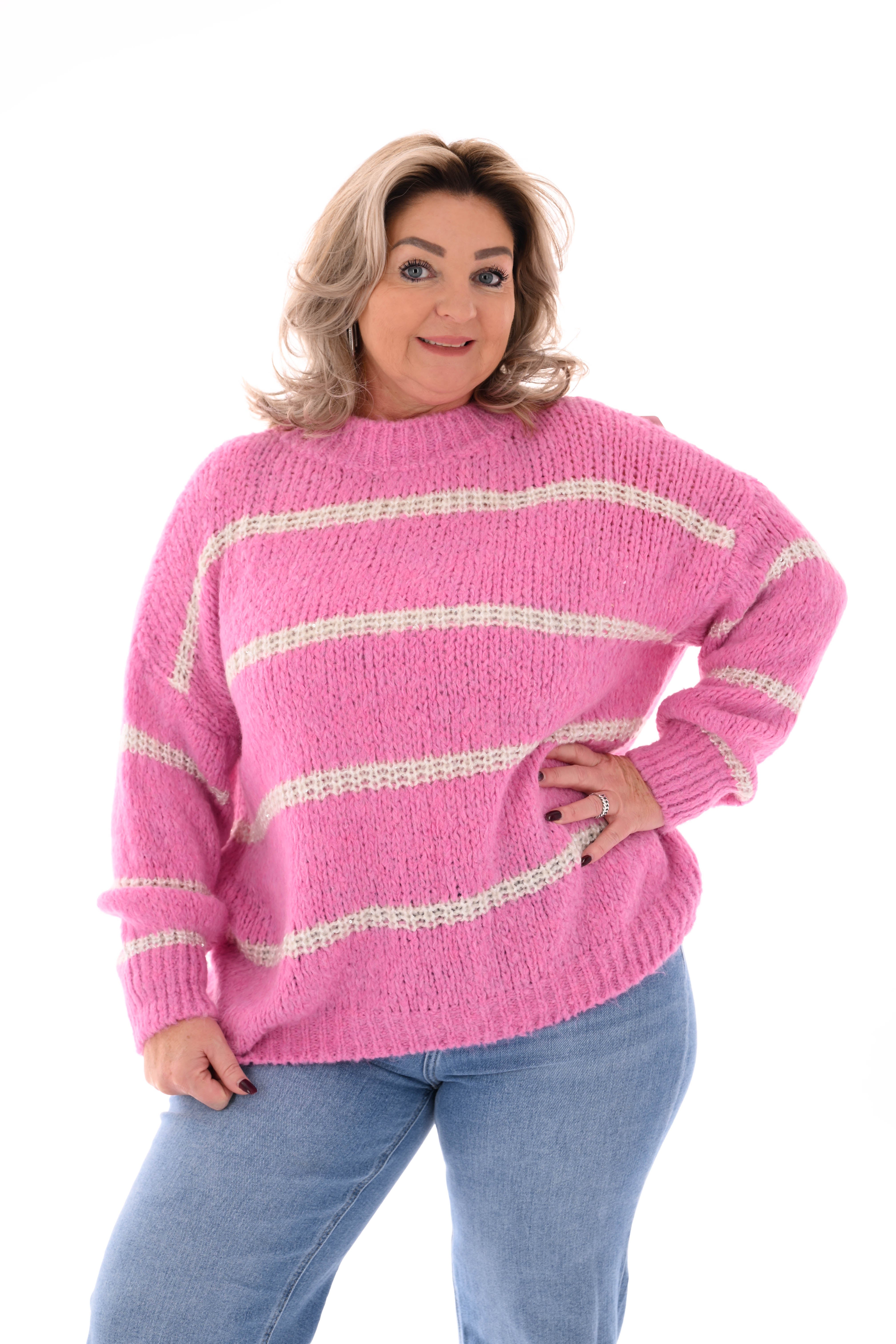 Gebreide trui lurex glitter strepen roze